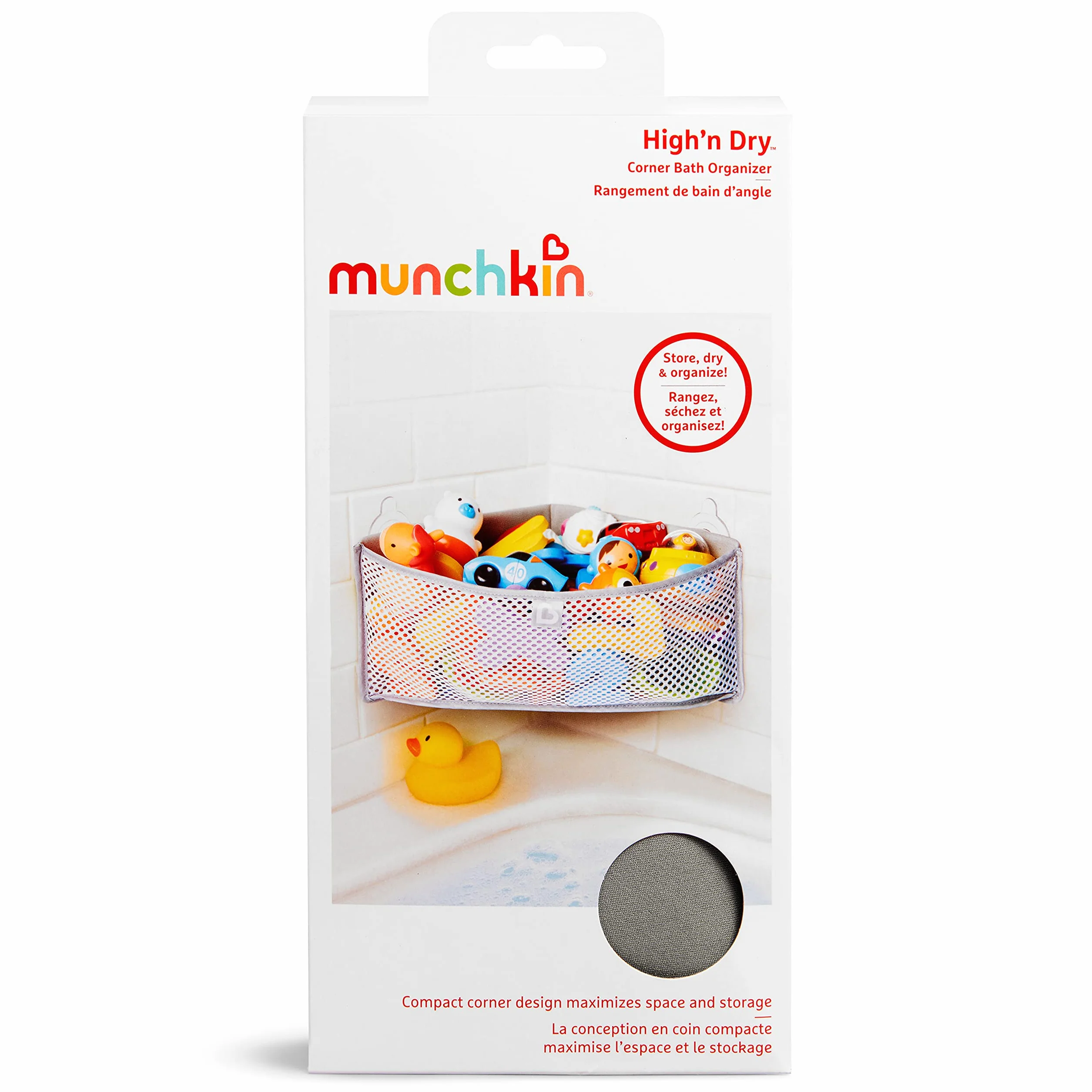 Munchkin High'n Dry Baby Bath Toy Storage Basket| Hanging Bath Tidy for Corner Bath Wall| Soft Baby Bath Caddy & Bath Organiser Rack| Shower & Bath Toy Holder| Bathroom Toy Net with Suction Cups