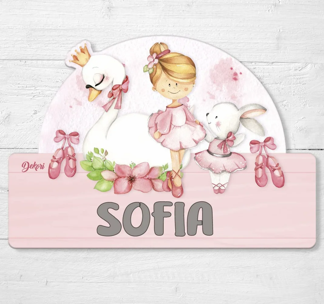 DEKORI Targhetta personalizzabile con nome per la porta, decorazione da parete in legno, sfiziosa idea regalo battesimo Comunione compleanno (Ballerina)