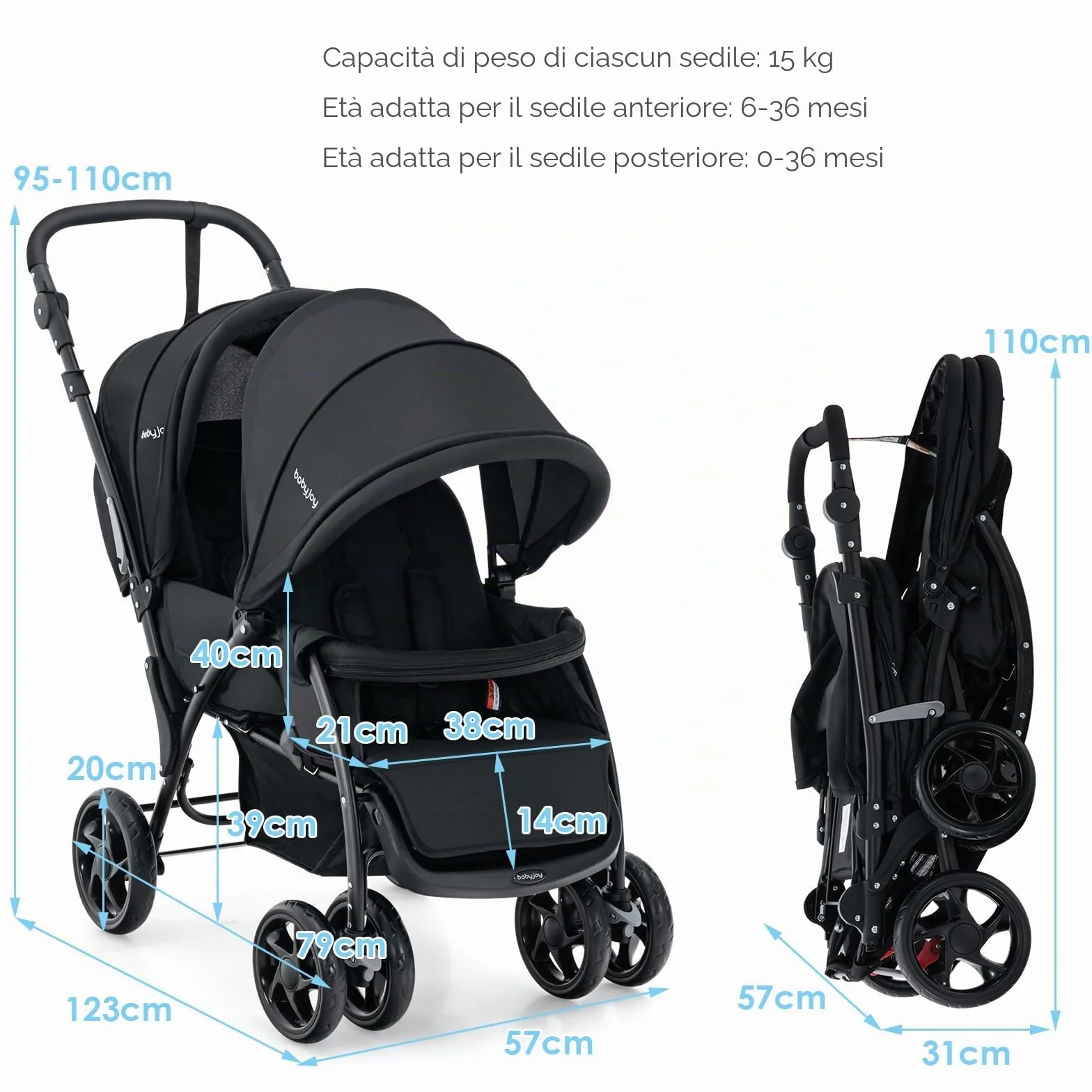 LIFEZEAL Passeggino Gemellare, Doppio, Carrozzina per Bambini, Passeggino da Viaggio, Leggero, Pieghevole, Compatto, Regolabile, Portatile, Reclinabile, Comodo, Max 30 kg, 123x57x95-110 cm (nero)