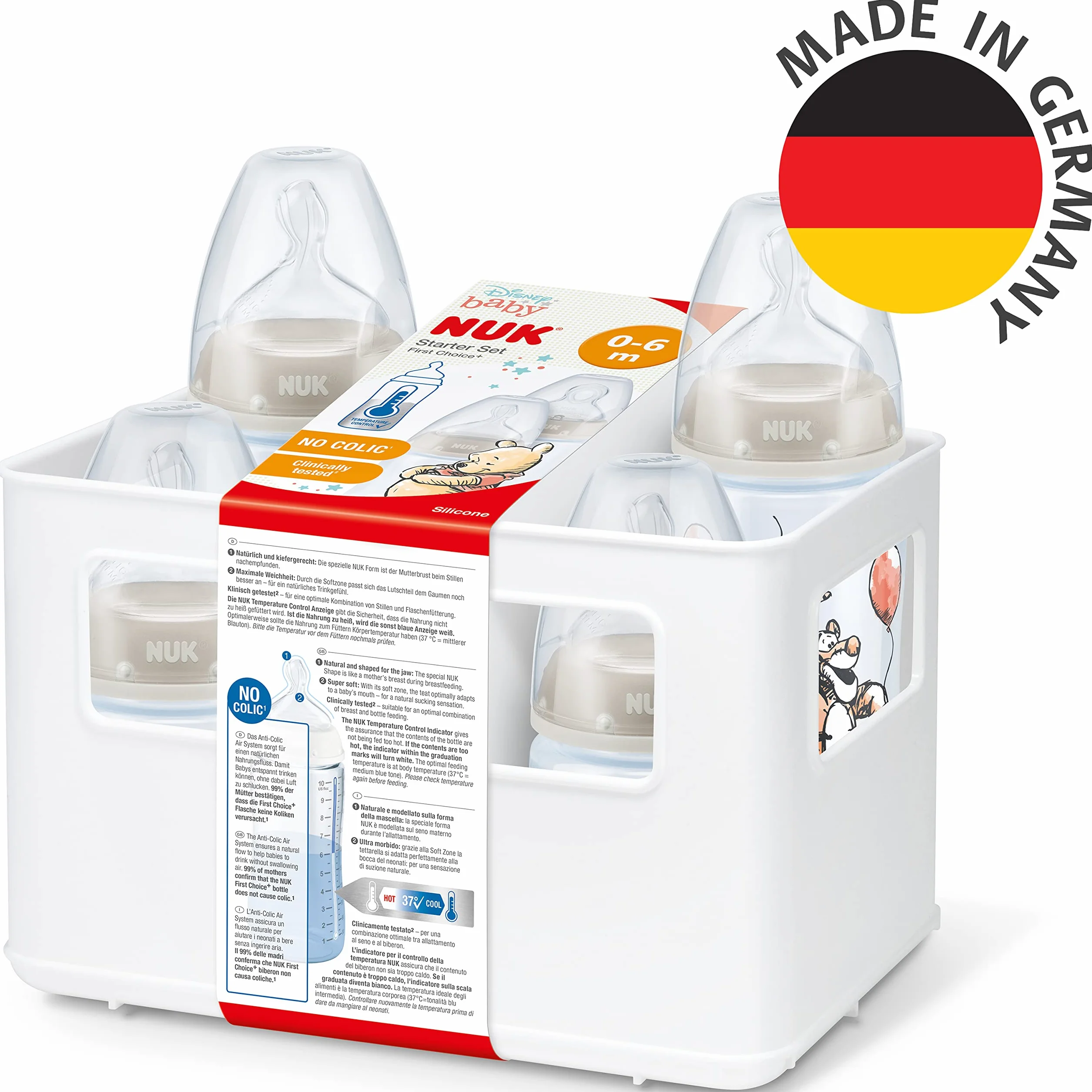 NUK First Choice+ biberon Starter Set | 0-6 mesi | 4 bottiglie con controllo della temperatura e scatola porta-biberon | Valvola anti-coliche | Senza BPA | Disney Winnie the Pooh | 5 pezzi