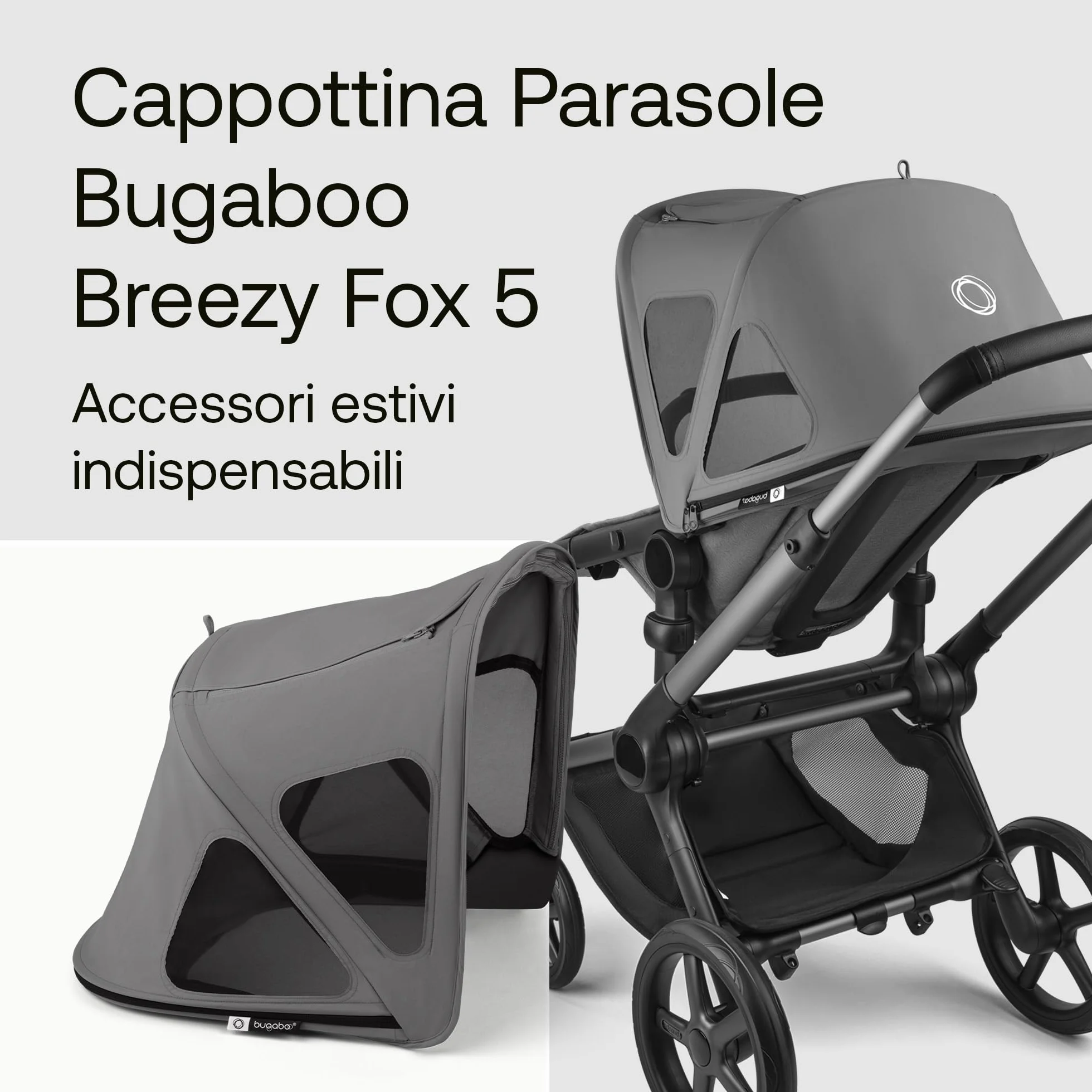 Bugaboo Fox Cappottina Breezy, Estensibile per una maggiore copertura e una Protezione Solare ottimale, Resistente all'Acqua, Compatibile Con Tutti i Passeggini Fox/Cameleon 3, Moon Grey