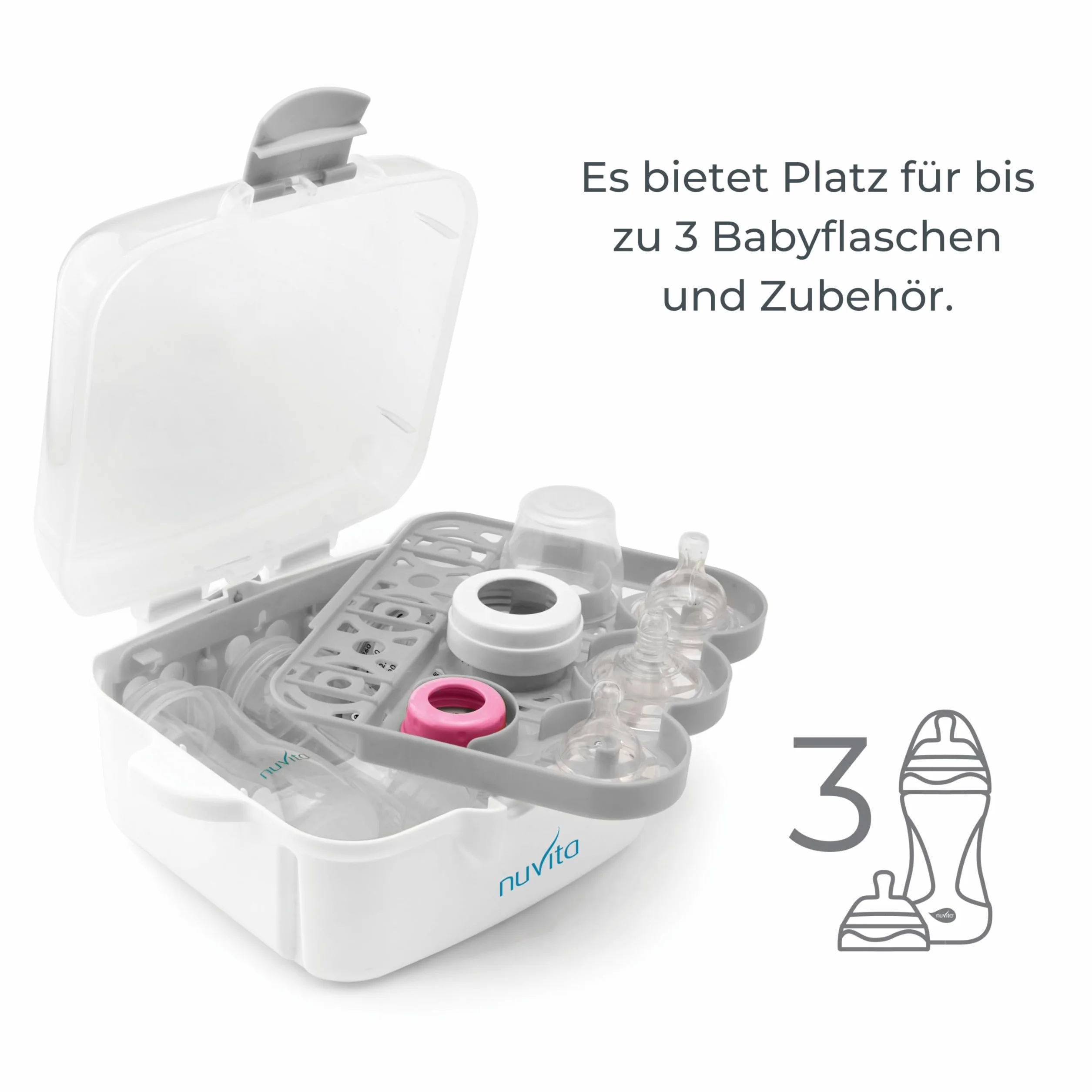 Nuvita 1085 Sterilizzatore a Vapore Microonde – Per biberon, ciucci ed accessori - Sterilizza fino a 3 biberon in 2 minuti – Compatto e portatile - Senza BPA nè Ftalati - Marchio EU