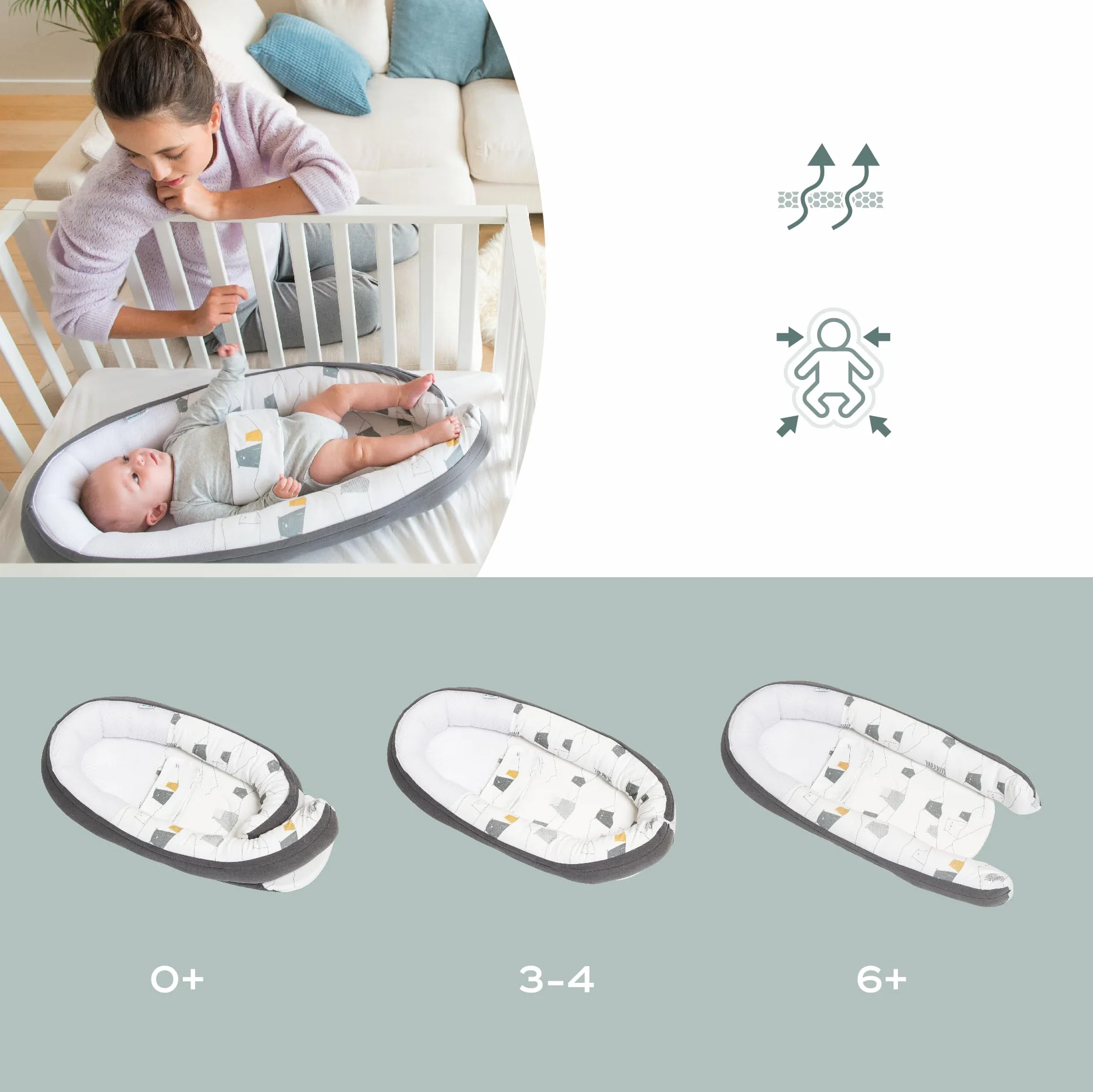 doomoo Riduttore neonato Cocoon Bear Grey, evolutivo, traspirante, 0-8 mesi