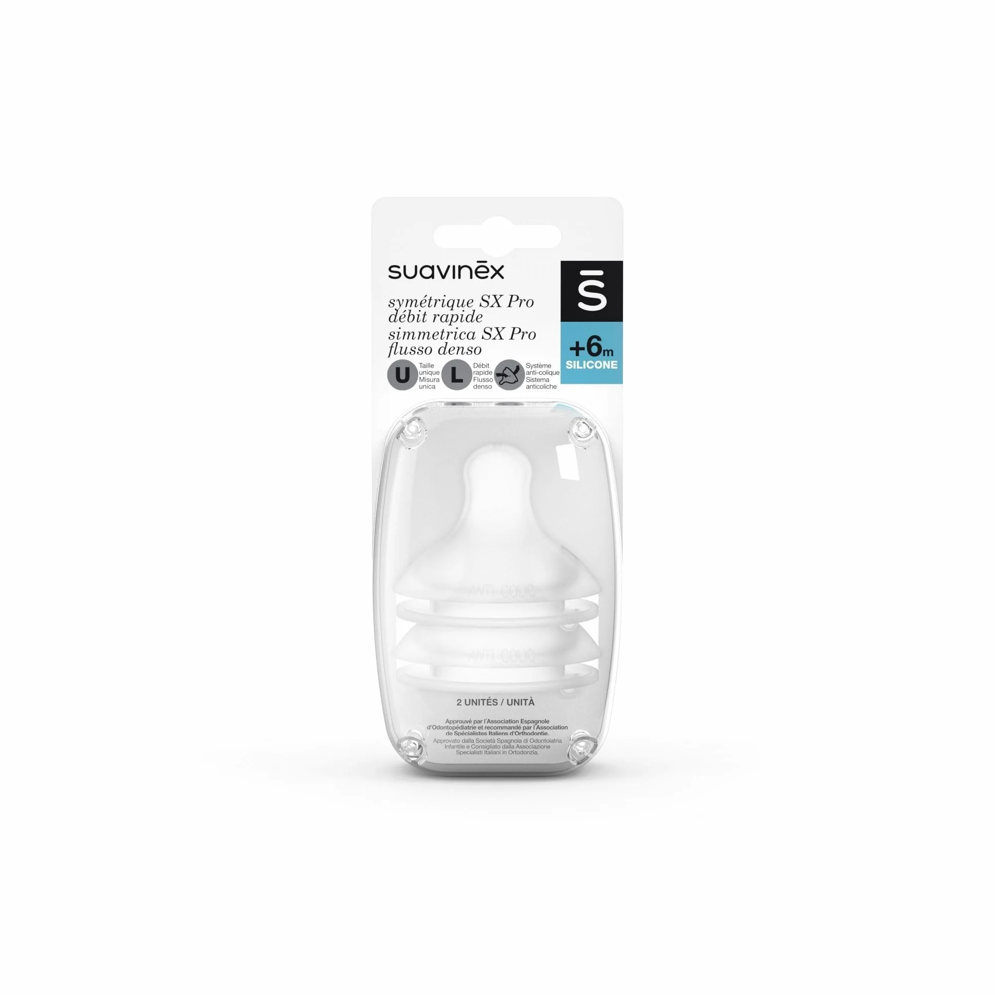 Suavinex 307388, Confezione 2 Tettarelle Simmetriche in Silicone SX Pro, Flusso Denso per Latte o Liquidi Densi, 6 Mesi, con Sistema Anticoliche
