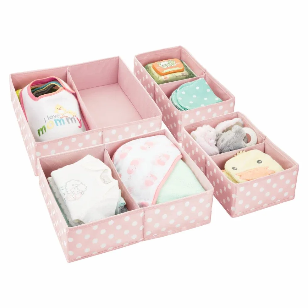 mDesign Set da 2 Scatole per armadi in Fibra Sintetica in 2 Misure – Organizer Multiuso a 2 Scomparti – Ceste portaoggetti in Tessuto per cameretta Bimbi con Design a Pois – Rosa e Bianco