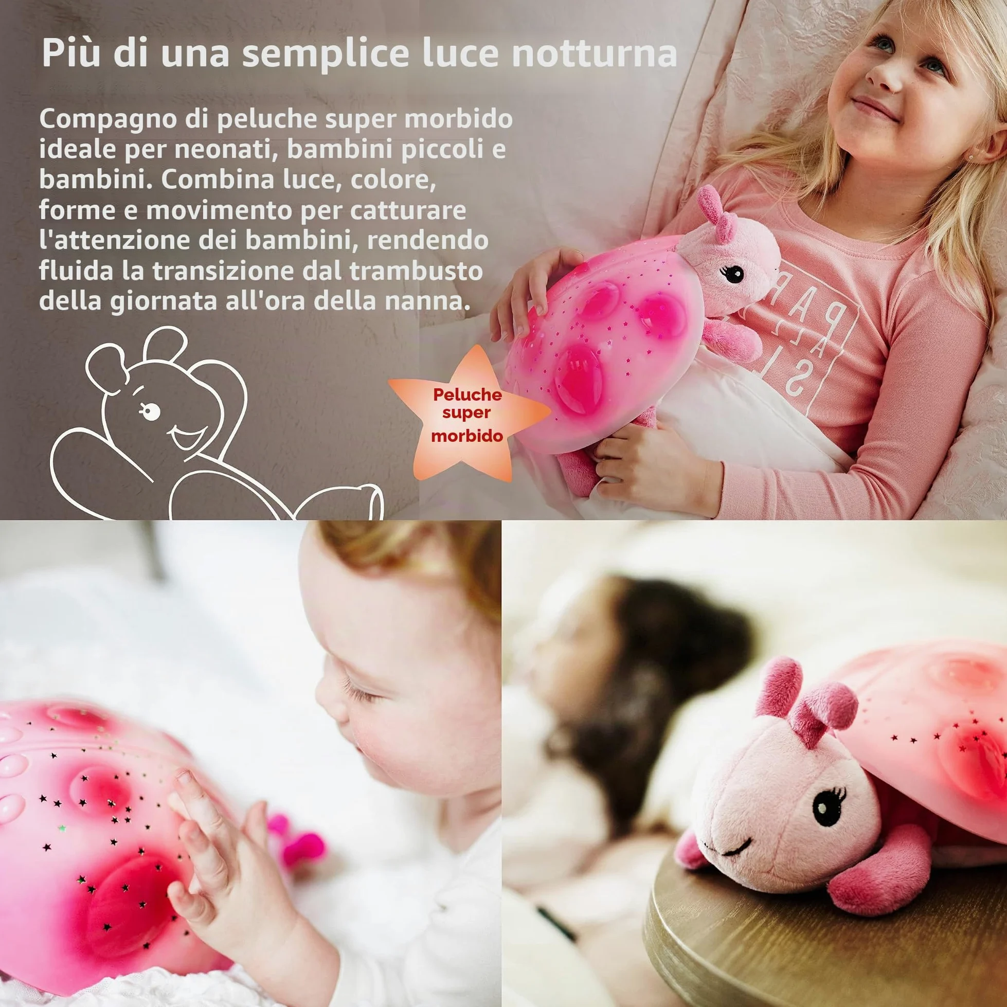 Cloud b Luce Notturna calmante con proiettore di stelle | Luminosità delicata | 3 Colori | 7 Costellazioni | Auto spegnimento | Twilight Ladybug Pink