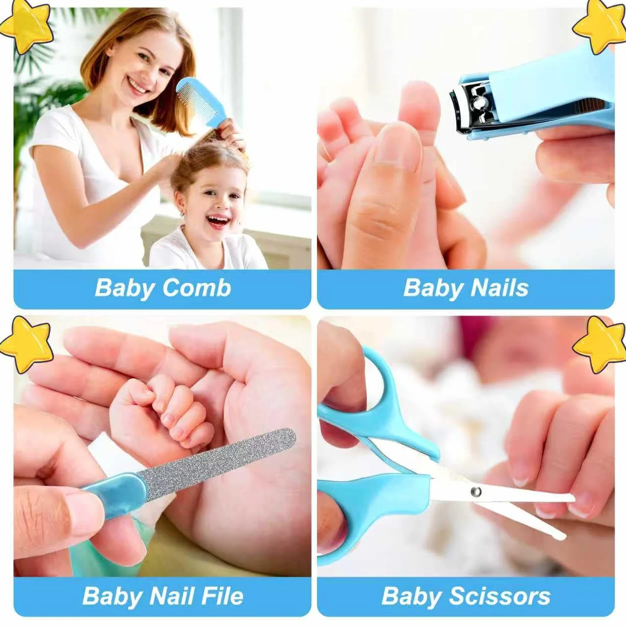 Set per la cura della sicurezza dei bambini con spazzola per capelli, pettine, tagliaunghie, kit essenziale per neonati e ragazzi (blu)