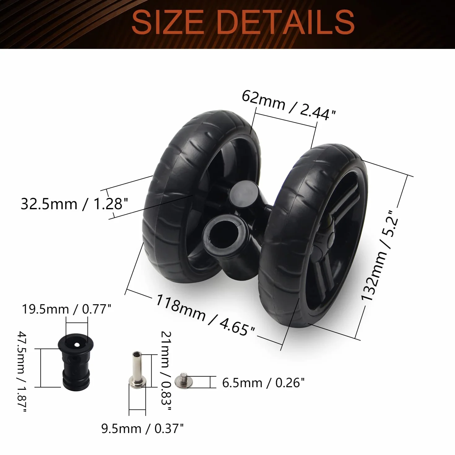Set di ruote per passeggino MroMax da 5.11 pollici, 130mm x 33mm, ruota girevole per tubi circolari da 19mm, sostituzione in plastica per passeggino per animali, nero