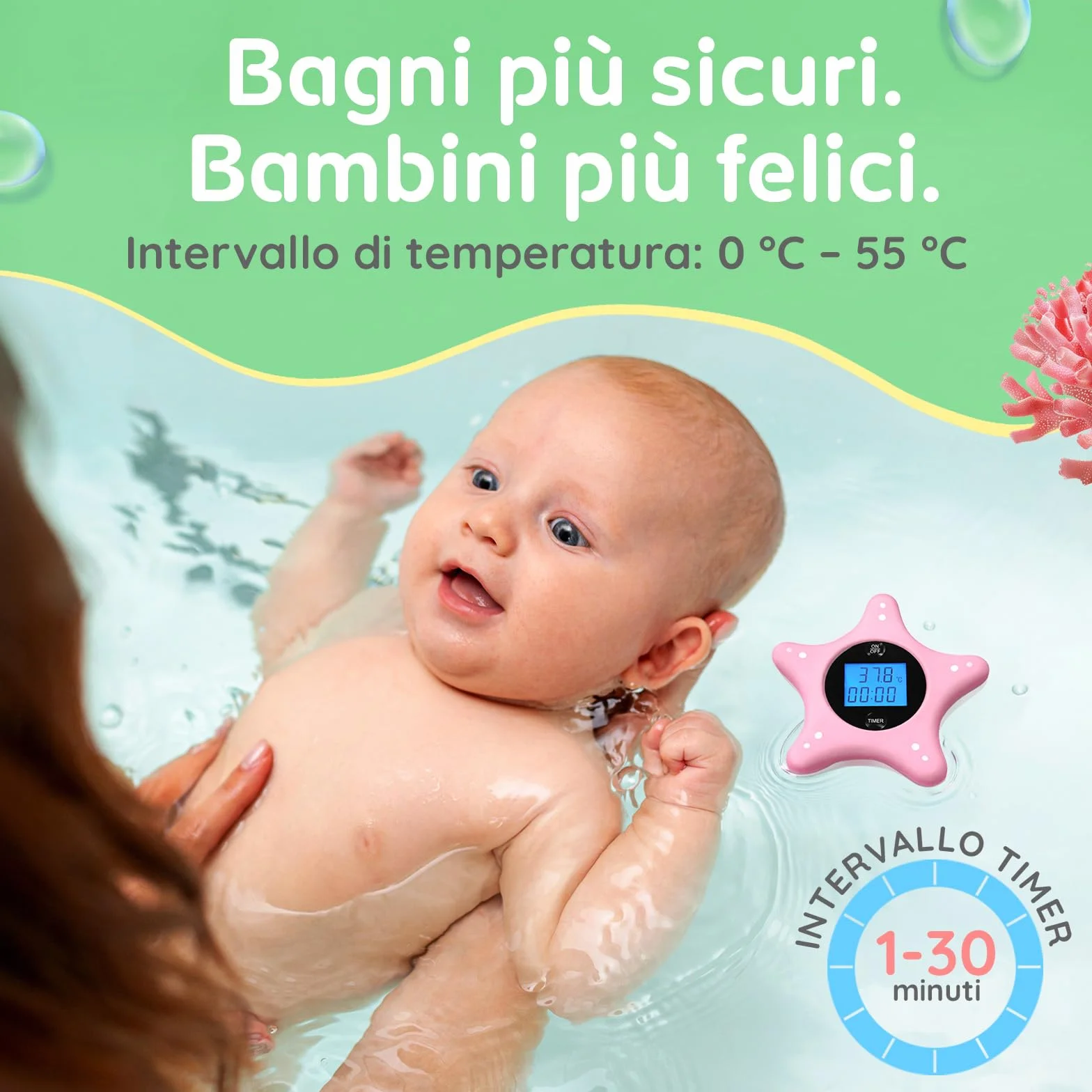 Termometro Bagno Neonato Digitale e Timer - Stella Marina in Silicone Morbido - Termometro ad Acqua Galleggiante - Giocattolo per Neonati e Bambini