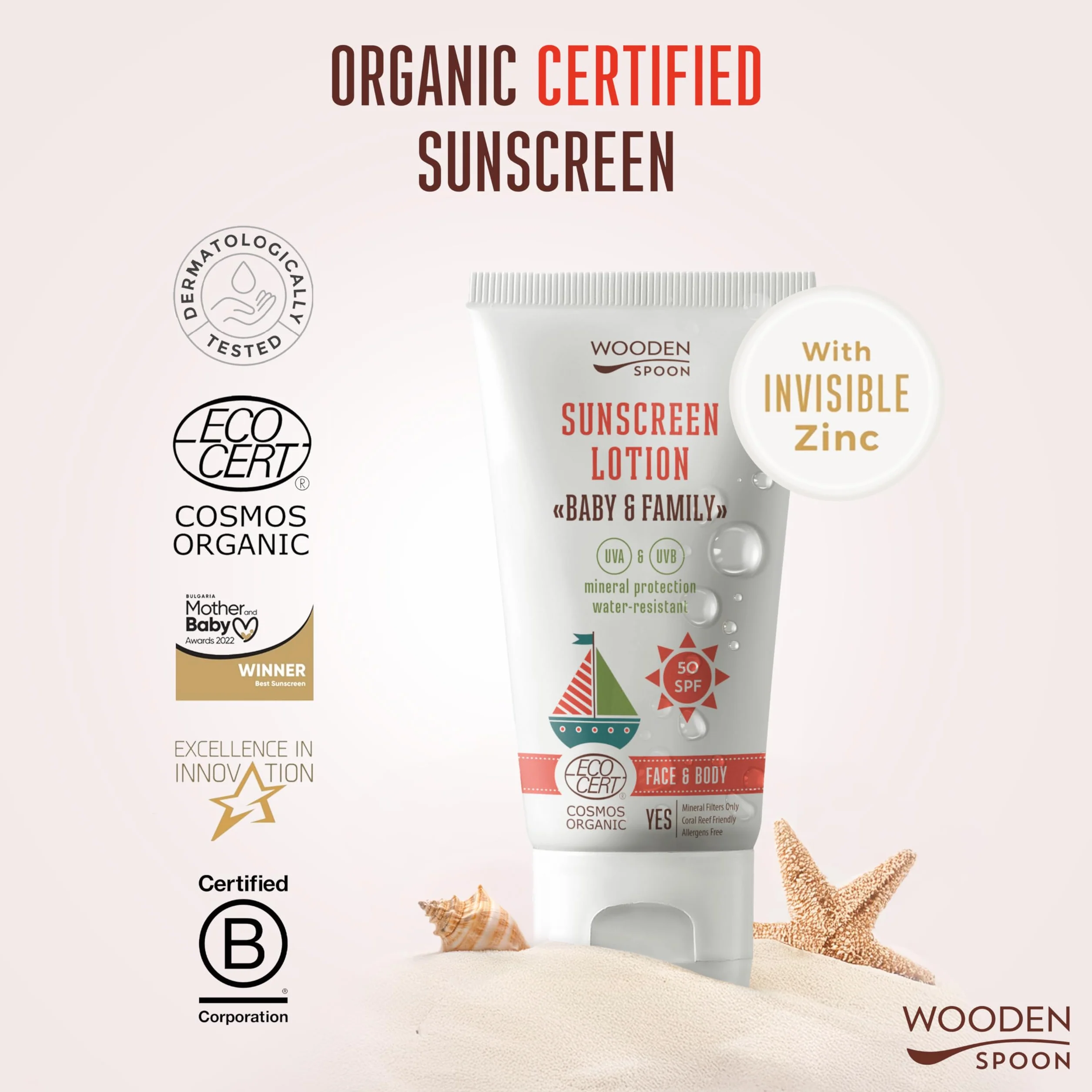 Wooden Spoon Crema Solare Biologica Bambini e Famiglia SPF 50 – 100% Naturale, Zinco Invisibile, Senza Residui Bianchi, Ipoallergenica, Vegan, Resistente all’Acqua – 150 ml