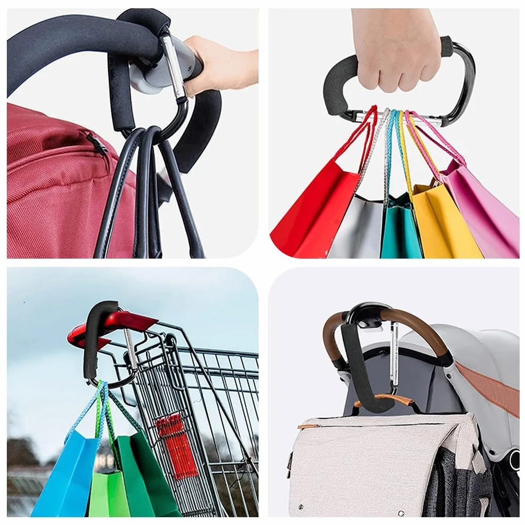 2 ganci a scatto neri di grandi dimensioni per borse della spesa, borse di stoccaggio, ombrelli, borse in posizione, che possono essere utilizzati per i passeggini