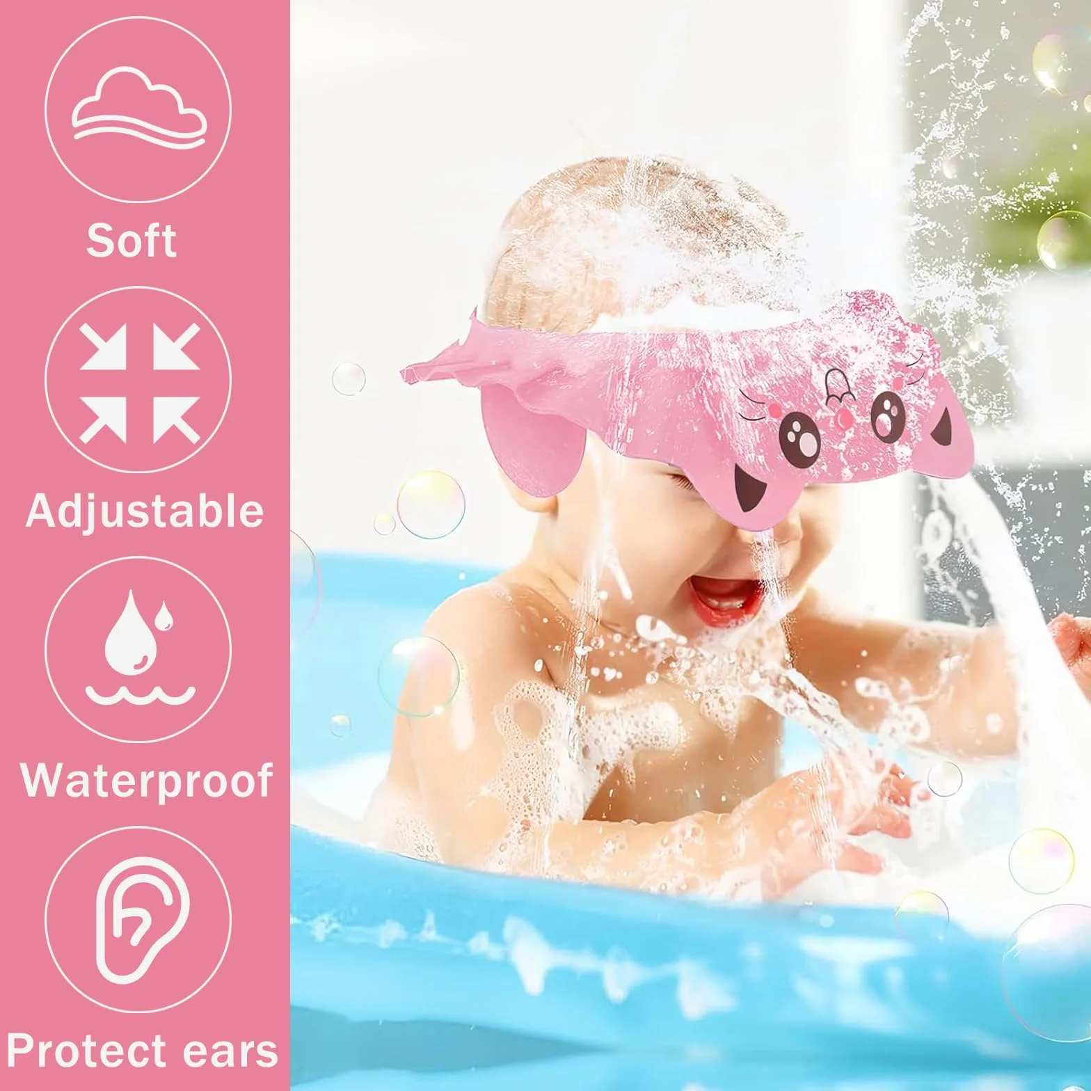 Cuffia da doccia per bambino, per bambini, cuffia da doccia, visiera da bagno, morbida, regolabile, con protezione per le orecchie, per evitare che gli occhi si riempiscano di acqua e shampoo