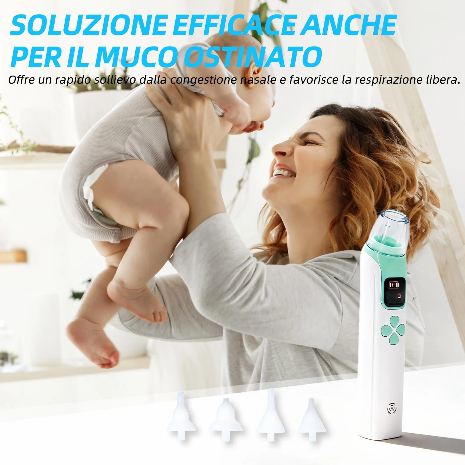 Aspiratore nasale per bambini, potenza di aspirazione regolabile a 3 livelli, 4 testine in silicone, funzione musica e luce, adatto per neonati, lattanti e bambini piccoli