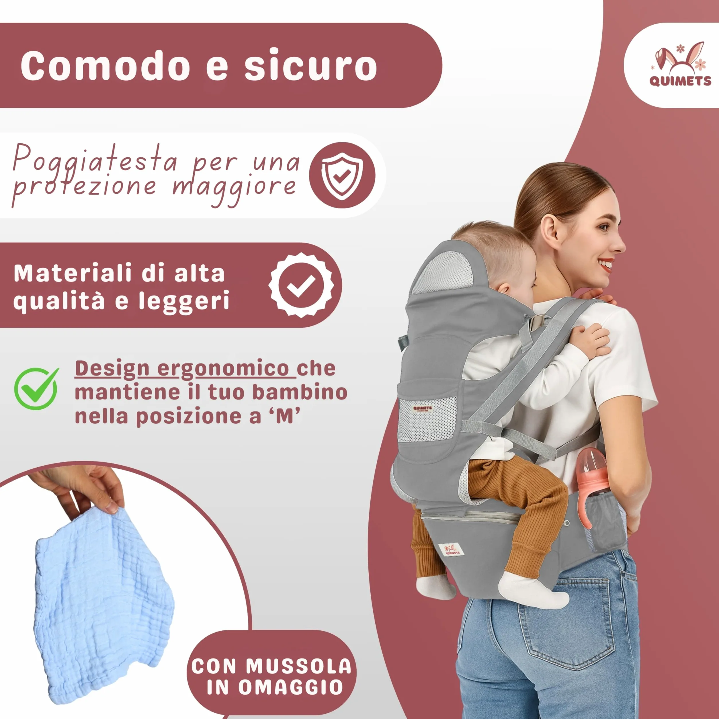 Marsupio neonato 0-36 mesi ergonomico 6 in 1 – Zaino porta bambino regolabile con seduta removibile, supporto lombare, tessuto traspirante e mussola in omaggio