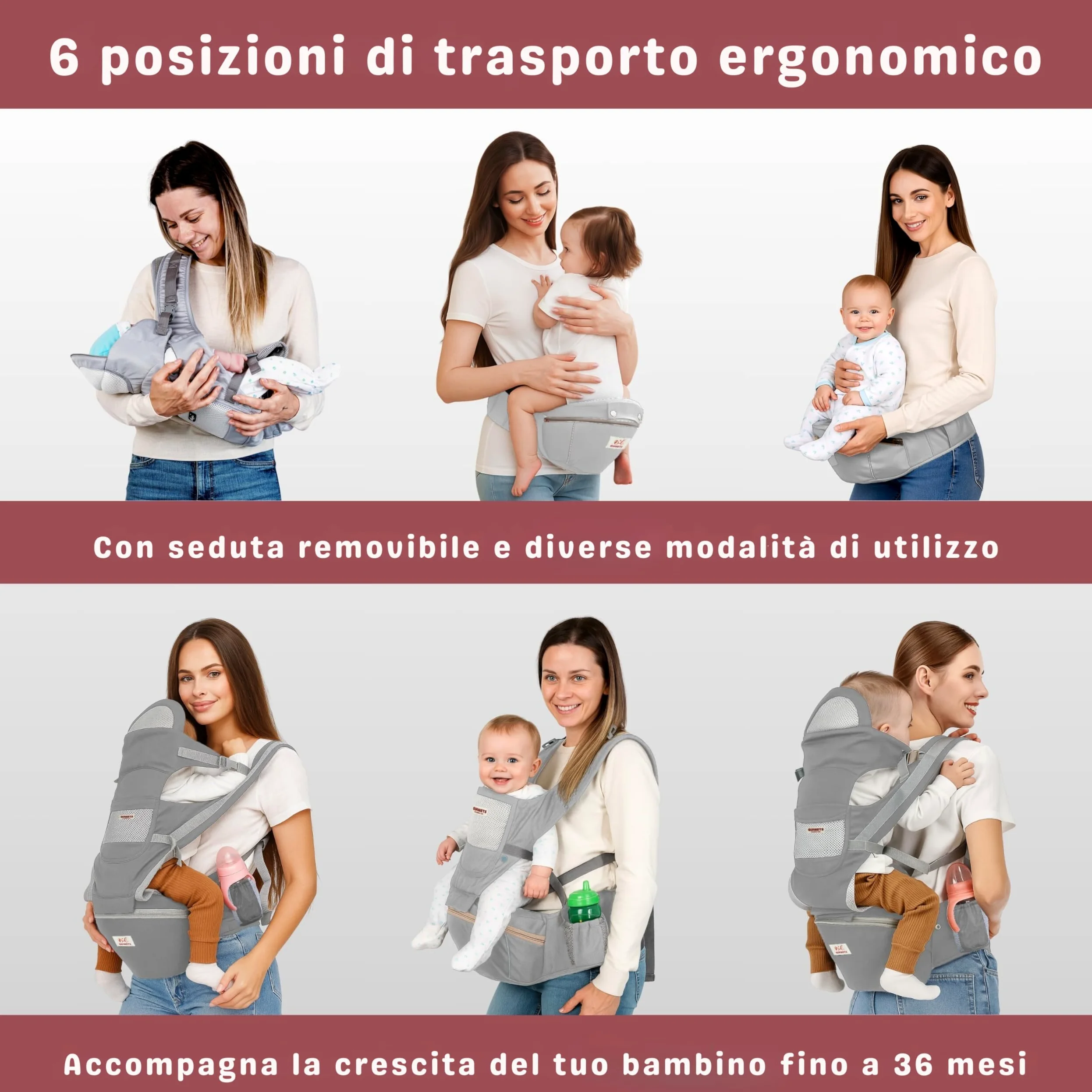 Marsupio neonato 0-36 mesi ergonomico 6 in 1 – Zaino porta bambino regolabile con seduta removibile, supporto lombare, tessuto traspirante e mussola in omaggio