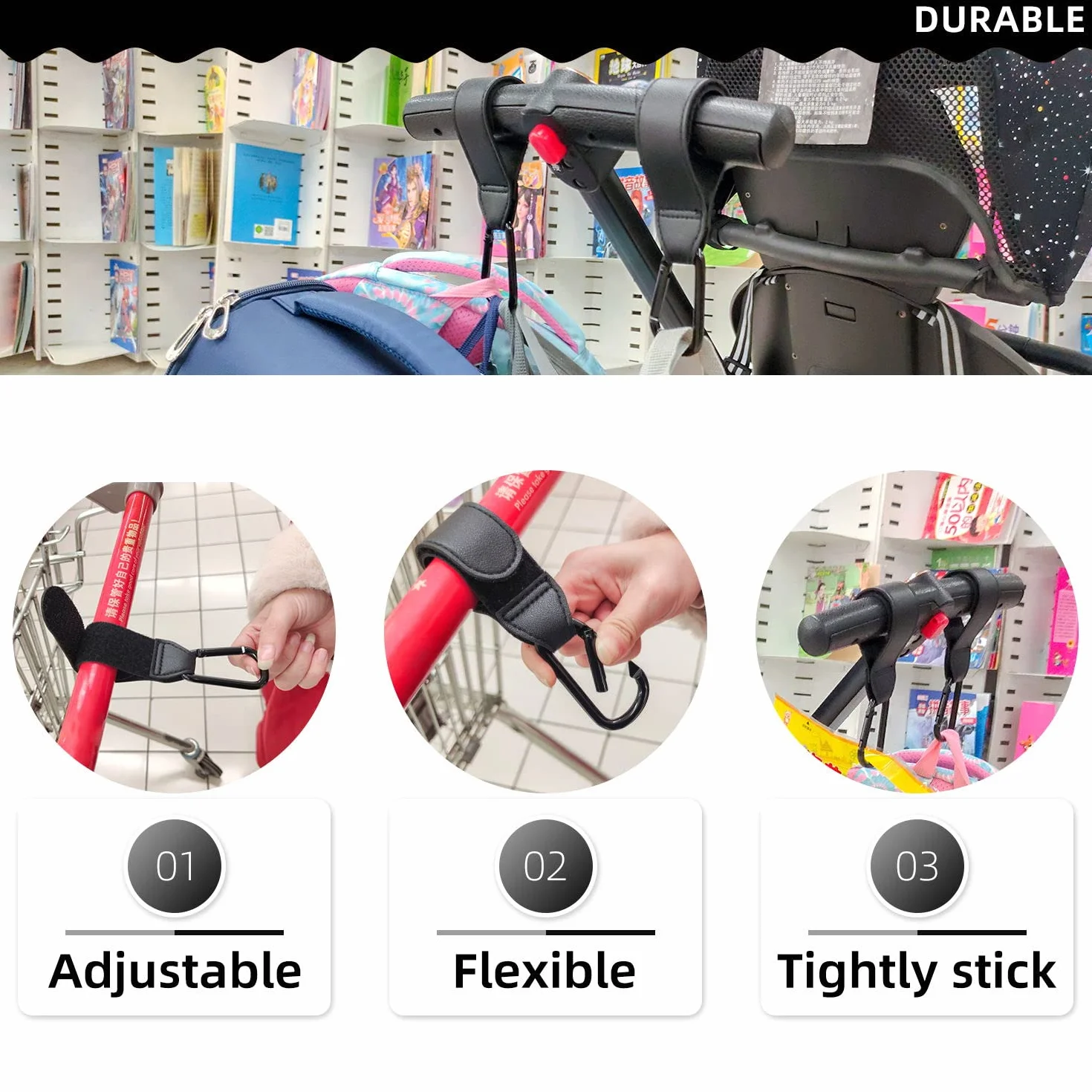 Ganci Passeggino Universali, LYHURK Ganci Borsa Passeggino Ganci Borse Moschettoni, Adatto Per Viaggiare, Uscire, Usare Il Passeggino - 2 Pezzi (Nero)