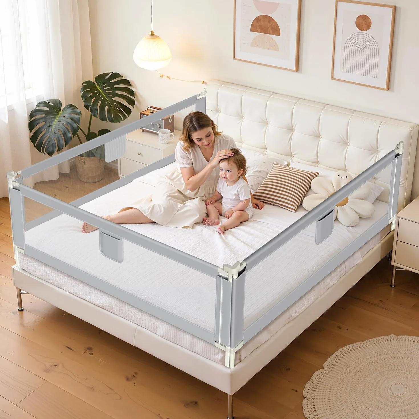 1x180CM+2x200CM Barriera per letto, Barriera pieghevole per letto per bambini, Protezione per letto per bambini per prevenire le cadute, Barriera per bambini piccoli, Facile da montare, Grigio
