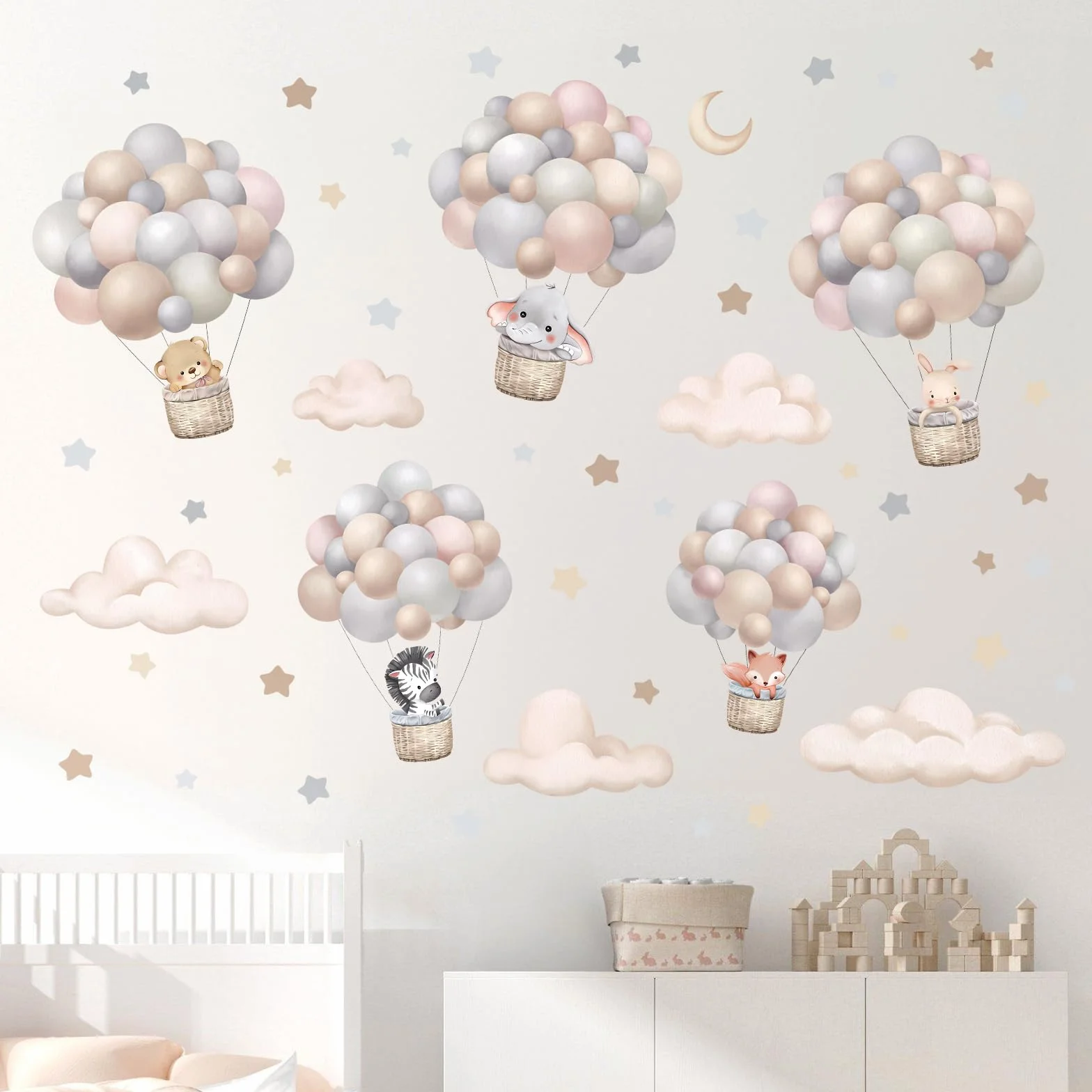 wondever Adesivi Murali Palloncini Animali Sticker da Muro Elefante Coniglio Orso Nuvole Adesivi da Parete per Asilo Nido Camerette Bambini Camera Ragazza