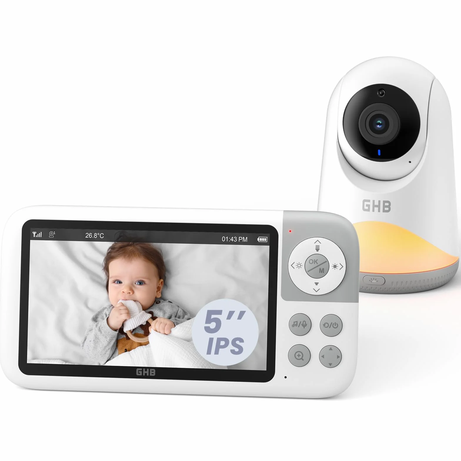 GHB Baby Monitor Video e Audio 5'', 350°/120°, 720HD IPS Schermo, Rilevamento della Temperatura, Luce Notturna Integrata, Visione Notturna, Interfono Bidirezionale, Ninna Nanna