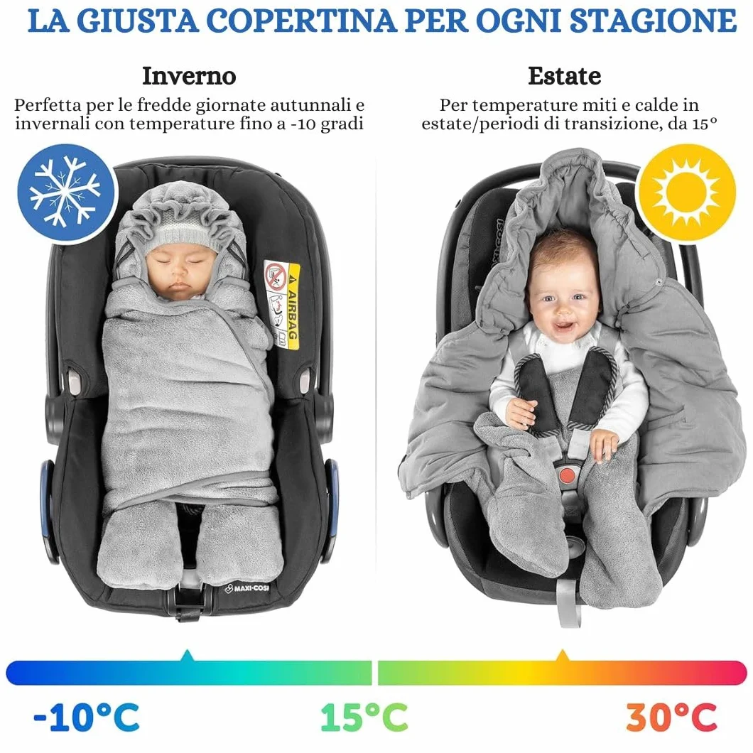 Zamboo Copertina Neonato Invernale con Piedini - Coperta Ovetto Neonato per Seggiolino Auto e Passeggino - Con Borsa - Grigio