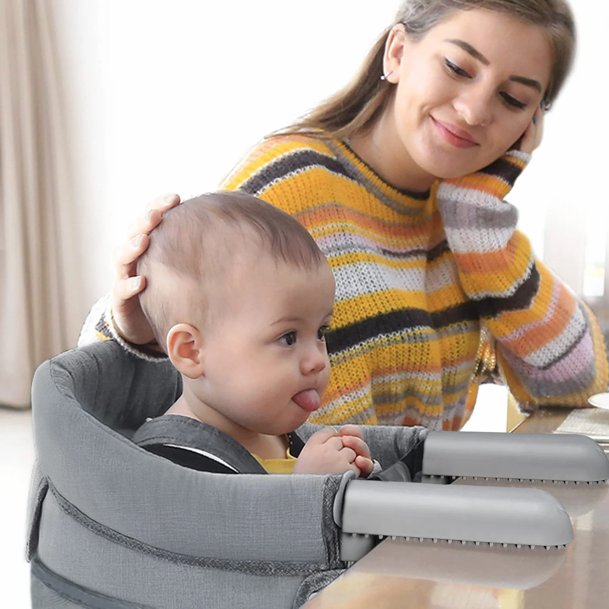 YUENFONG Sedile da Tavolo Pieghevole per Bambini Con Borsa e Posti Non Slittamento, per 2-8 cm di Spessore (Grigio)