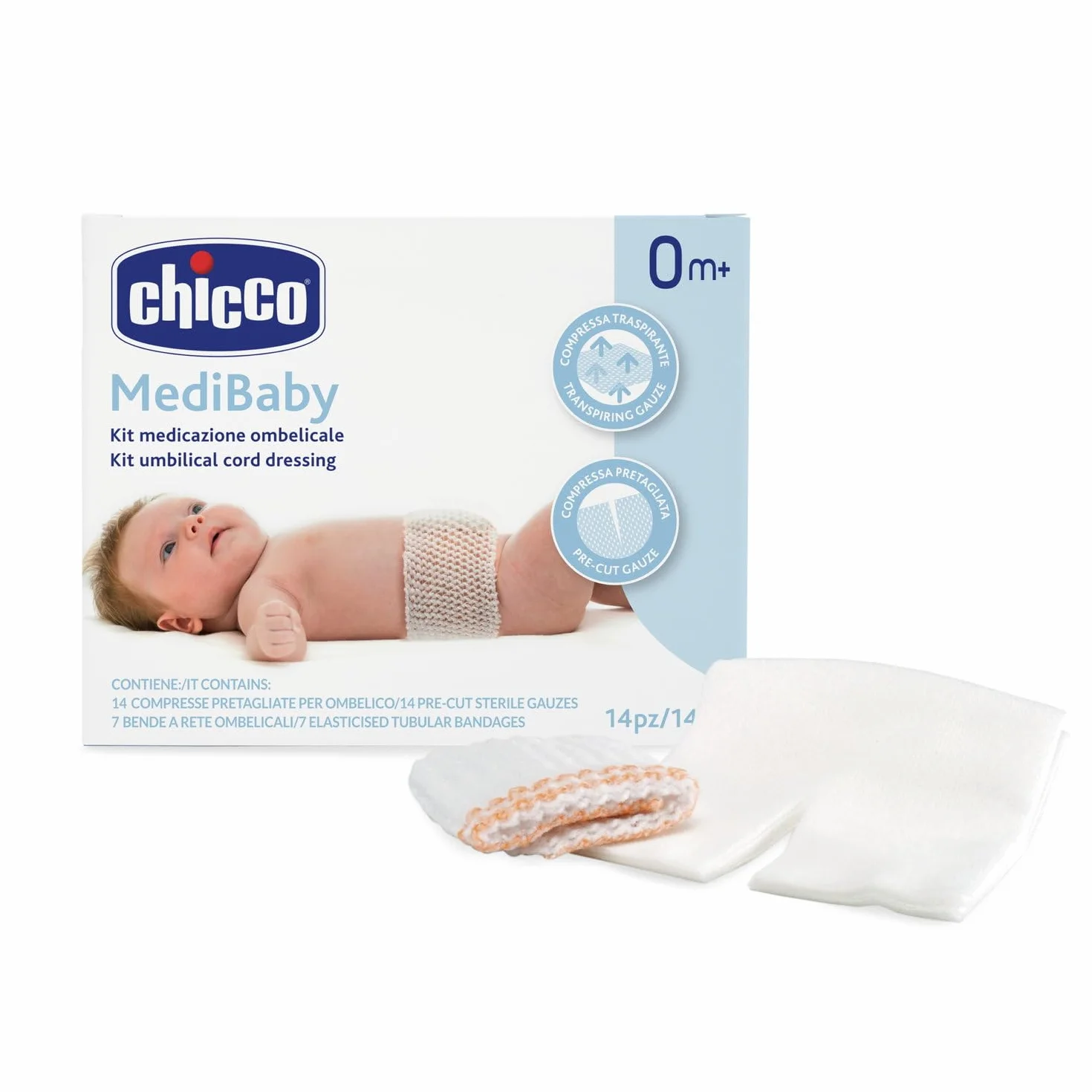 Chicco Kit Medicazione Ombelicale, Set 14 Compresse Pretagliate per Ombelico e 7 Bende a Rete, Permette di Fissare e Rimuovere la Medicazione con Facilità, Compressa Traspirante, Set 21 Pezzi, 0+ Mesi