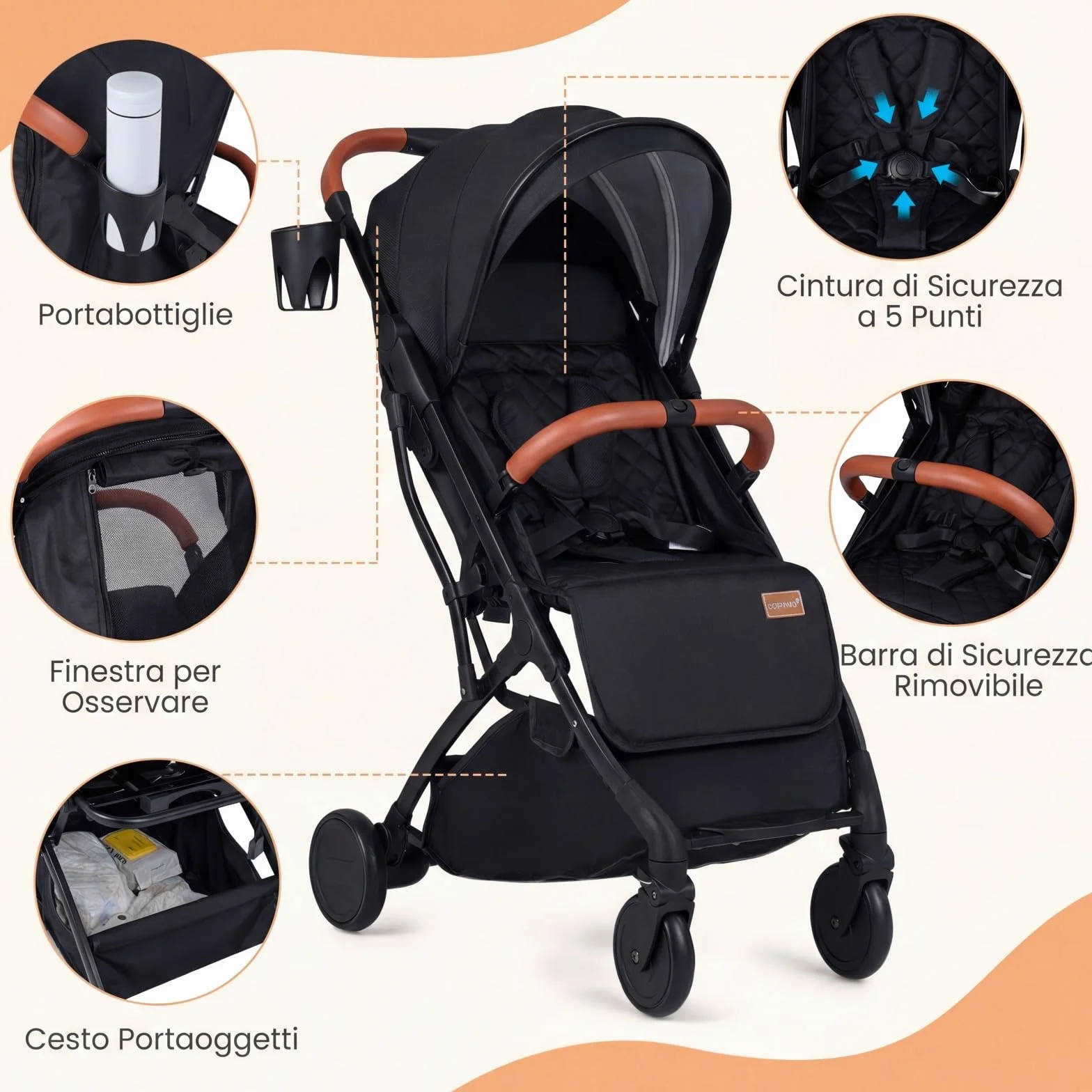 COSTWAY Passeggino Leggero per Neonati con Tettuccio, Schienale e Poggiapiedi Reclinabili, Passeggino Pieghevole con Portabicchieri, Cestello Portaoggetti, per Bambini 0-3 Anni (Nero)