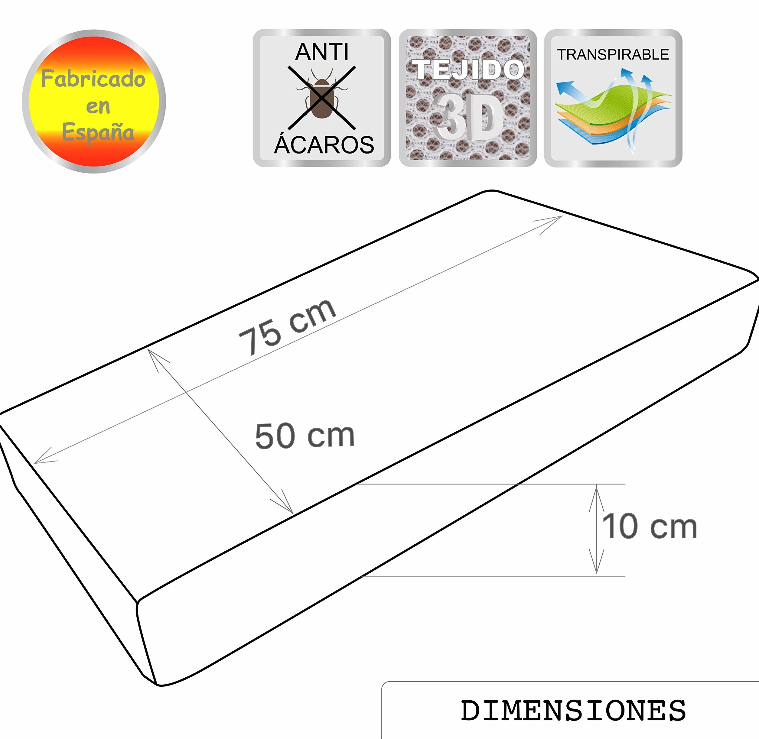 PEKITAS - Materasso Miniculla 50x75x10 cm Custodia Tessuto AloeVera Erogonómico Traspirante Antisoffocamento Con Cerniera Lavabile, Interno Schiuma bianca, Fabbricato In Spagna