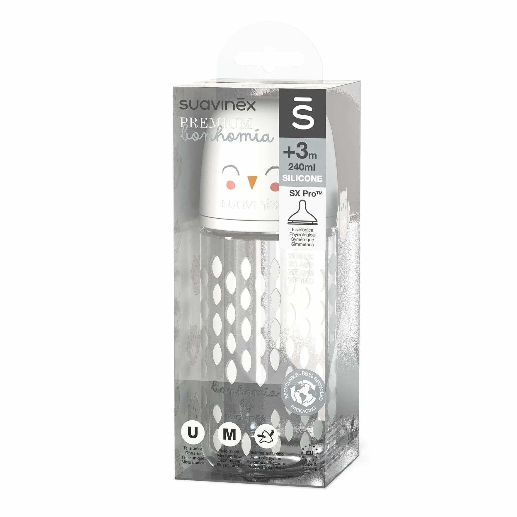 Suavinex, Confezione Biberon in Vetro da 240 ml. Biberon con tettarella simmetrica in silicone SX Pro flusso medio (M), anticoliche, per bambini +3 mesi, Bonhomia rosa, grigio