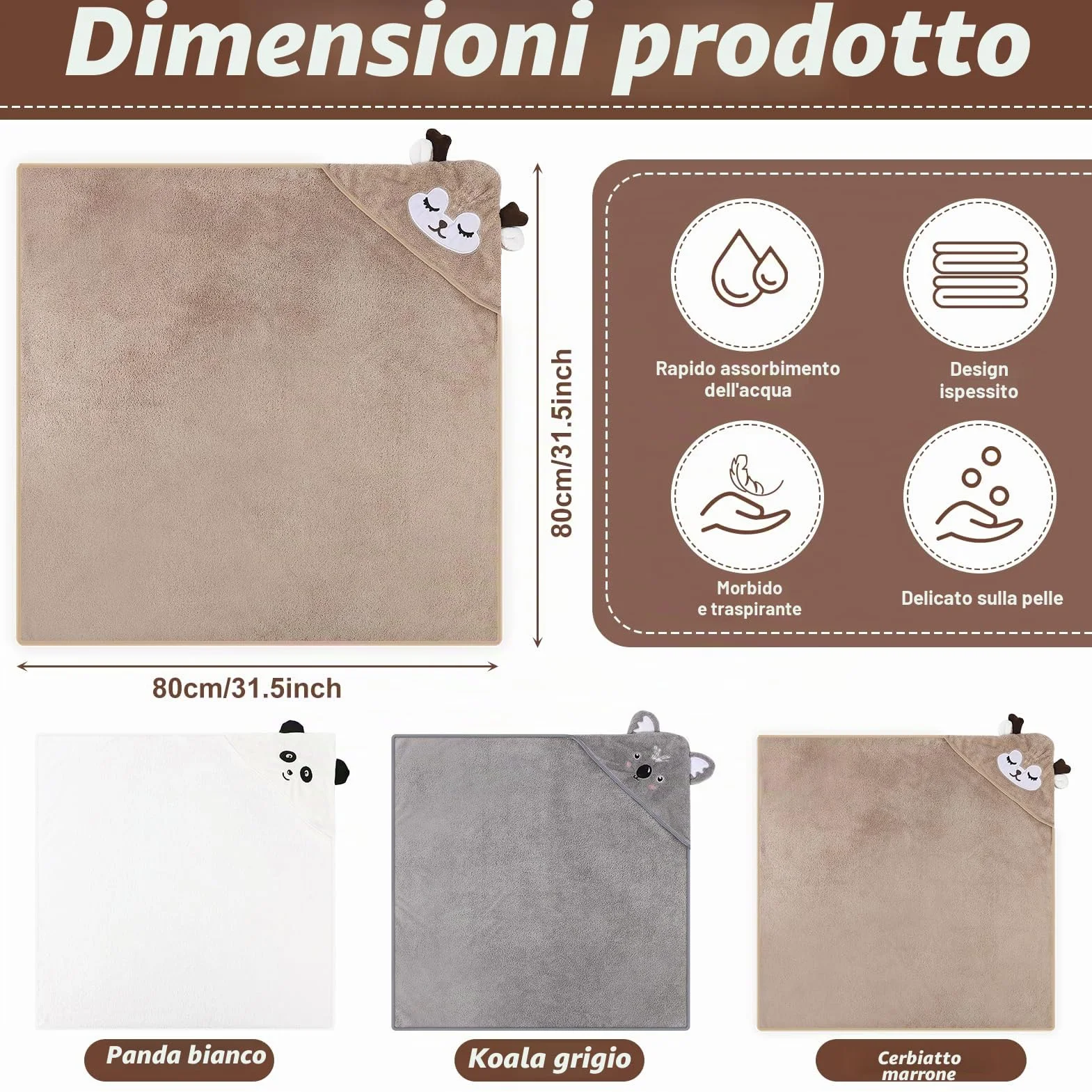 3 asciugamani da bagno con cappuccio per bambini, asciugamano per bebè, asciugamano per neonato, asciugamano da bagno per piscina, 80 x 80 cm, mantello da bagno 0-5 anni, cachi, bianco, GR