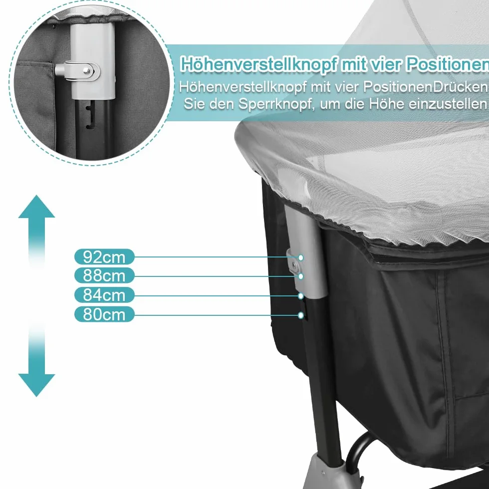 HUOLE 3 in 1 Culla Neonato Fianco Letto, Lettino Neonato Dondolo con Materasso, Culla Co-Sleeping Fino a 25 kg, Altezza Regolabili, Inclinazione di 20°-104 * 52 * 100-110 cm-nero