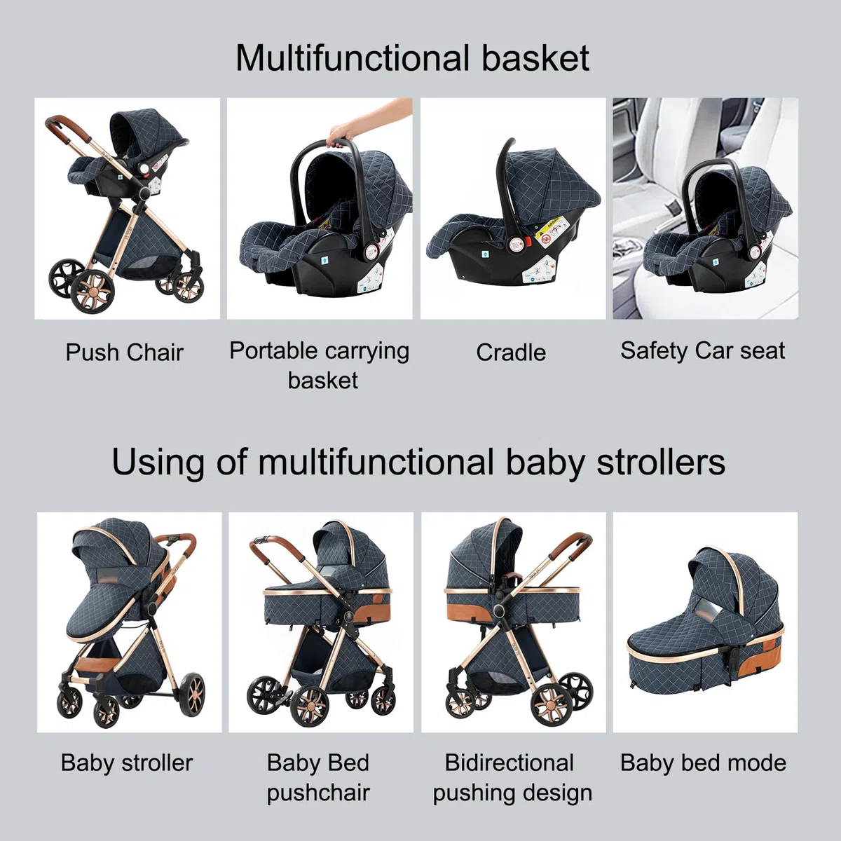 Passeggino Trio, Passeggino 3 in 1 con Spinta Reversibile a Due Vie, Trio Passeggini Neonati con Accessori, Carrozzina per Neonati Design Portatile Pieghevole Un Clic (YV9 Chocolate)