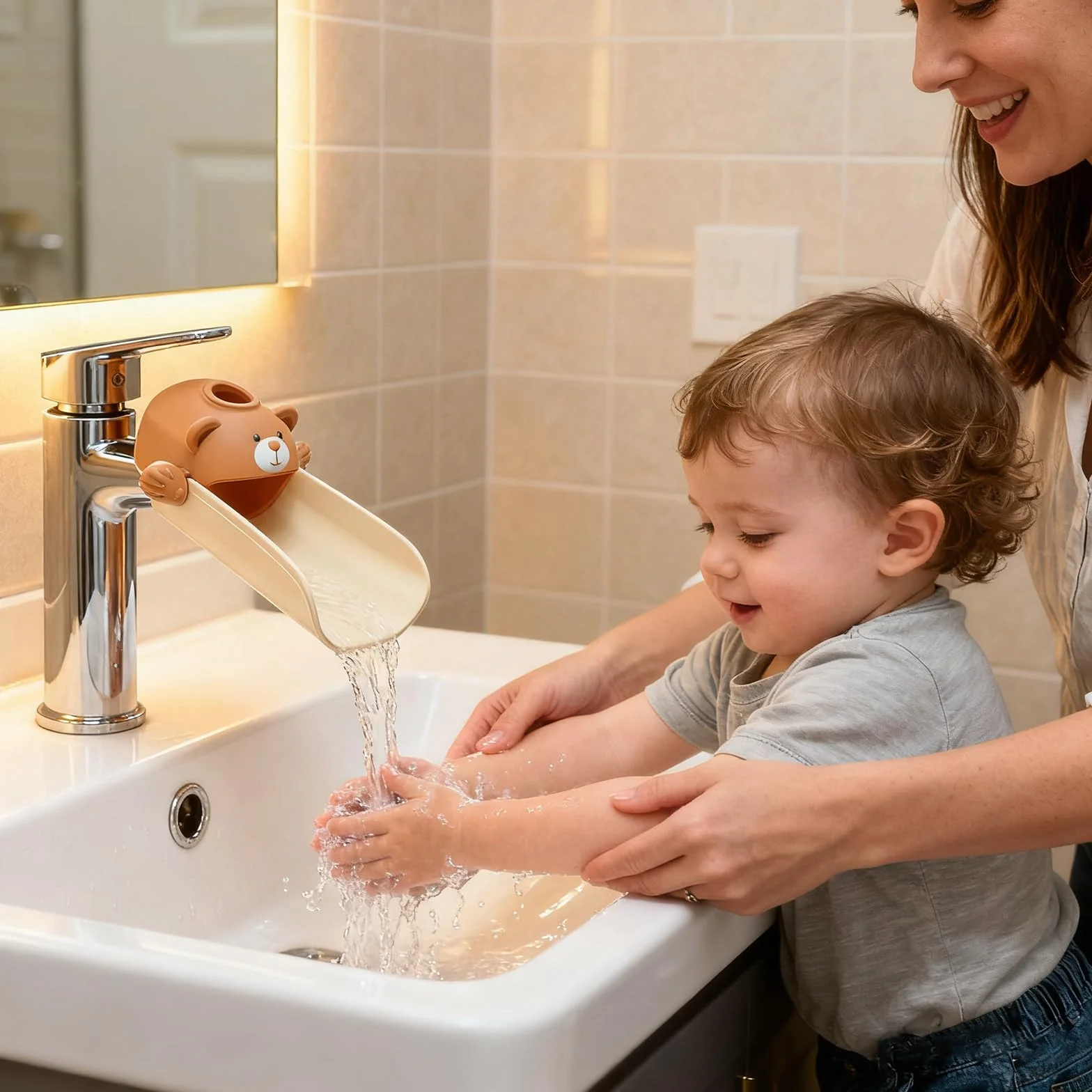 Skyroku Estensore per rubinetto per bambini, estensore per lavello con sensibilità alla temperatura, per lavaggio a mano dei bambini, adatto per bagno, cucina, vasca da bagno (marrone)