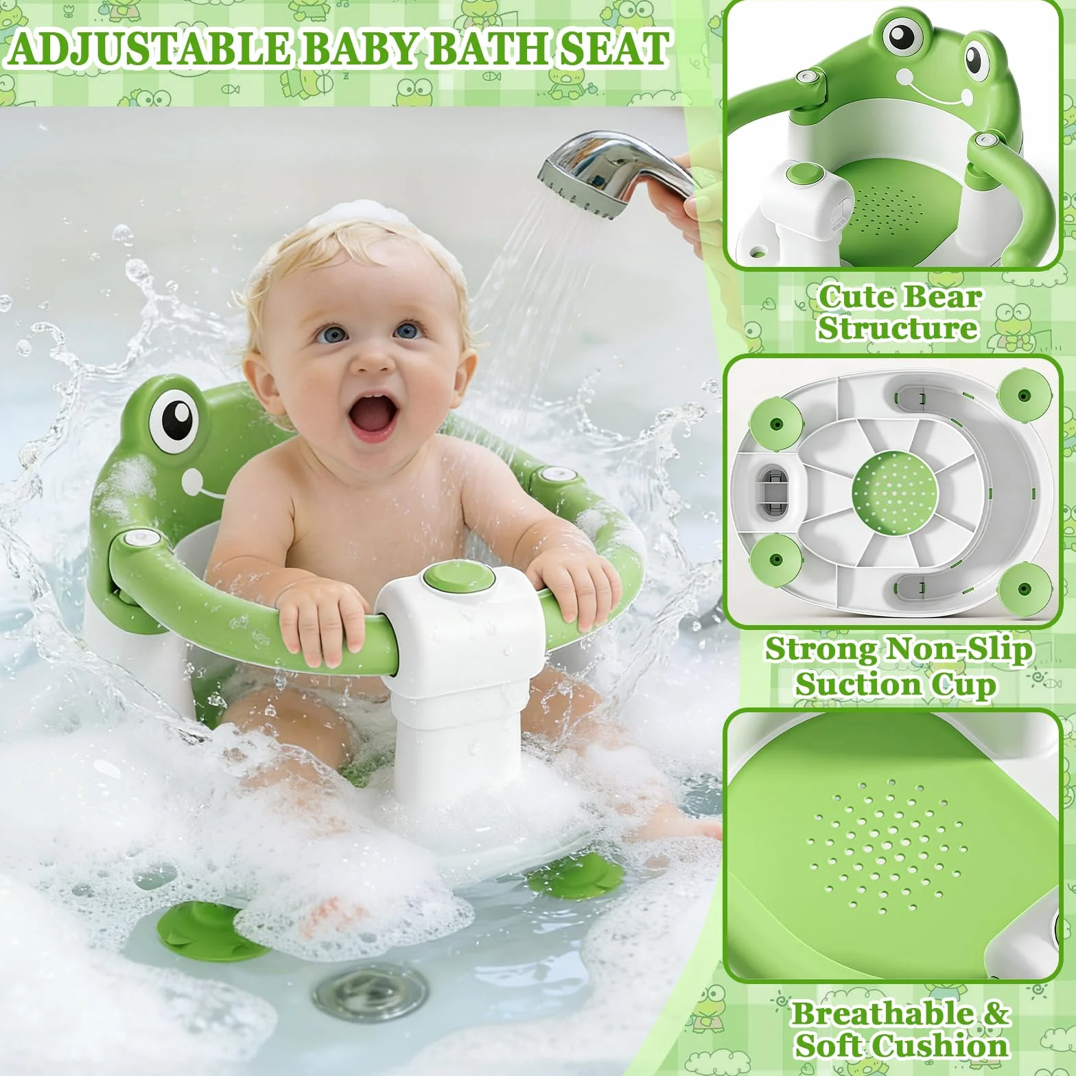 Seggiolino Doccia Bimbo,Bambino Seggiolino da Bagno,Seggiolino Vasca da Bagno Bambino,Seggiolino da Bagno con 4 Ventose,per Bambini a Partire da 6 Mesi per Doccia o Vasca da Bagno - Verde