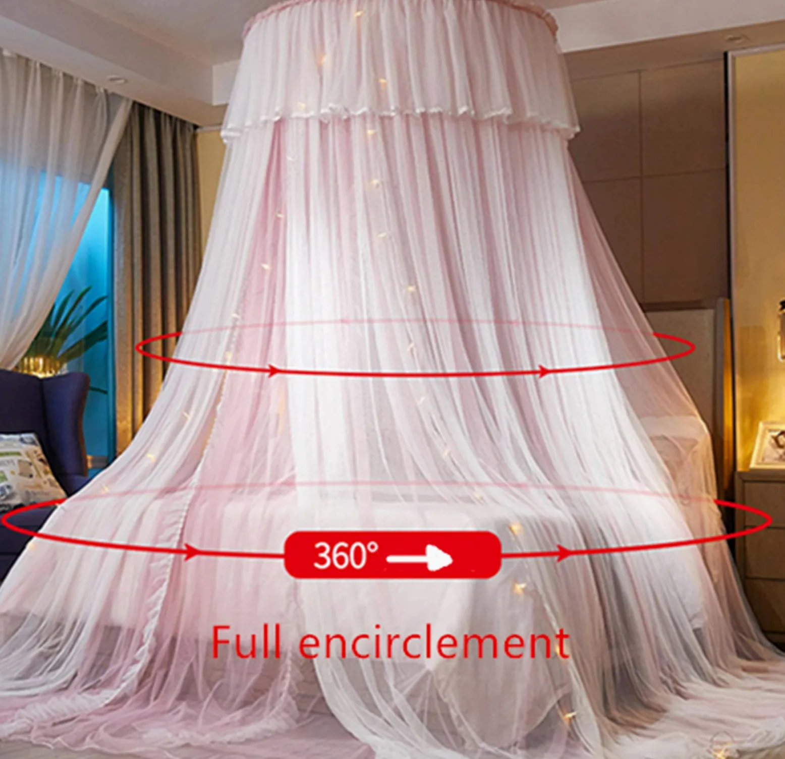 VARWANEO Tenda a baldacchino per letto da principessa, tenda a baldacchino a doppio strato in rete velata, zanzariera per letto matrimoniale, king size, rosa e bianco