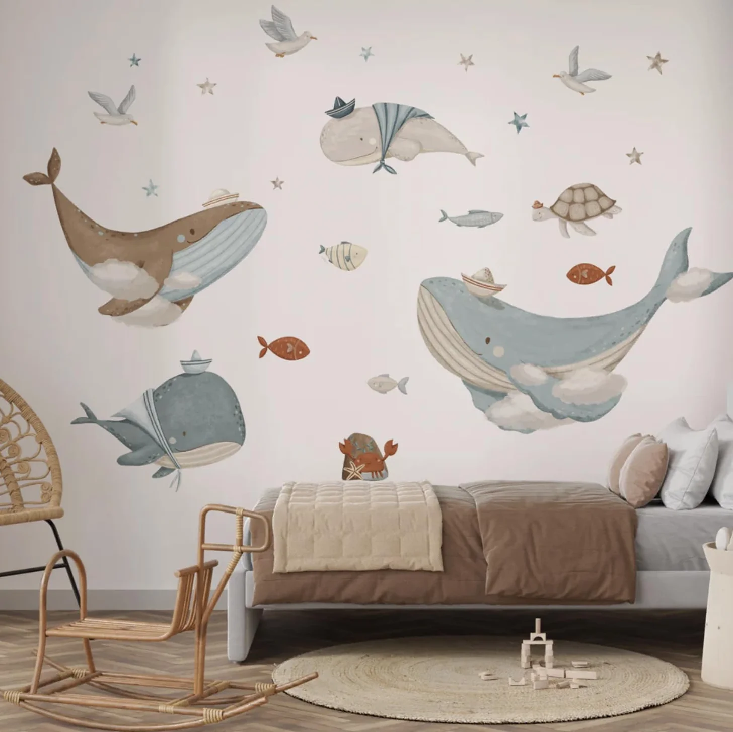 kina - Adesivo Murale Bambini Decorazione Parete Cameretta R00801 - Materiale Eco-Tessuto, Ecologico Anallergico, Riposizionabile, Effetto Carezza, Asilo Nido - Grafica Mare e Misura 120x40 cm