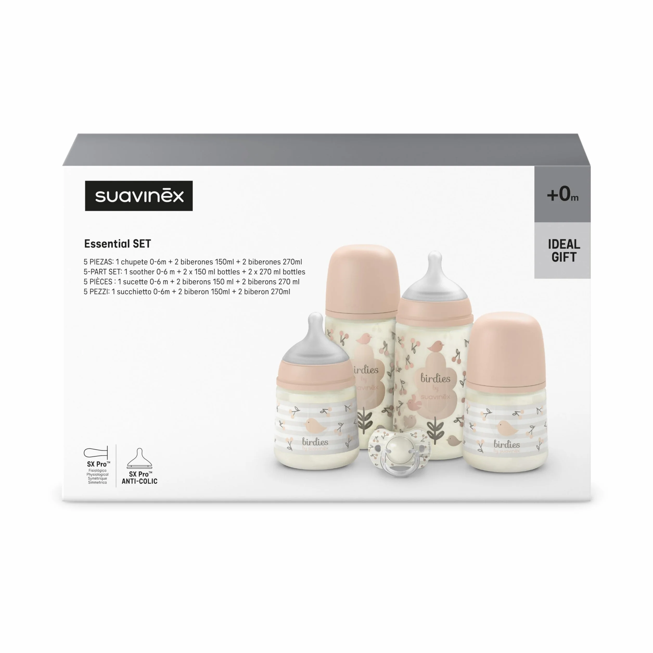 Suavinex, Set di Biberon per Neonati, Confezione Regalo: 2 Biberon da 270 ml + 2 Biberon da 150 ml + Ciuccio 0-6 Mesi, Tettarelle Fisiologiche SX Pro in Silicone, 5 Pz, +0M, Birdies Rosa