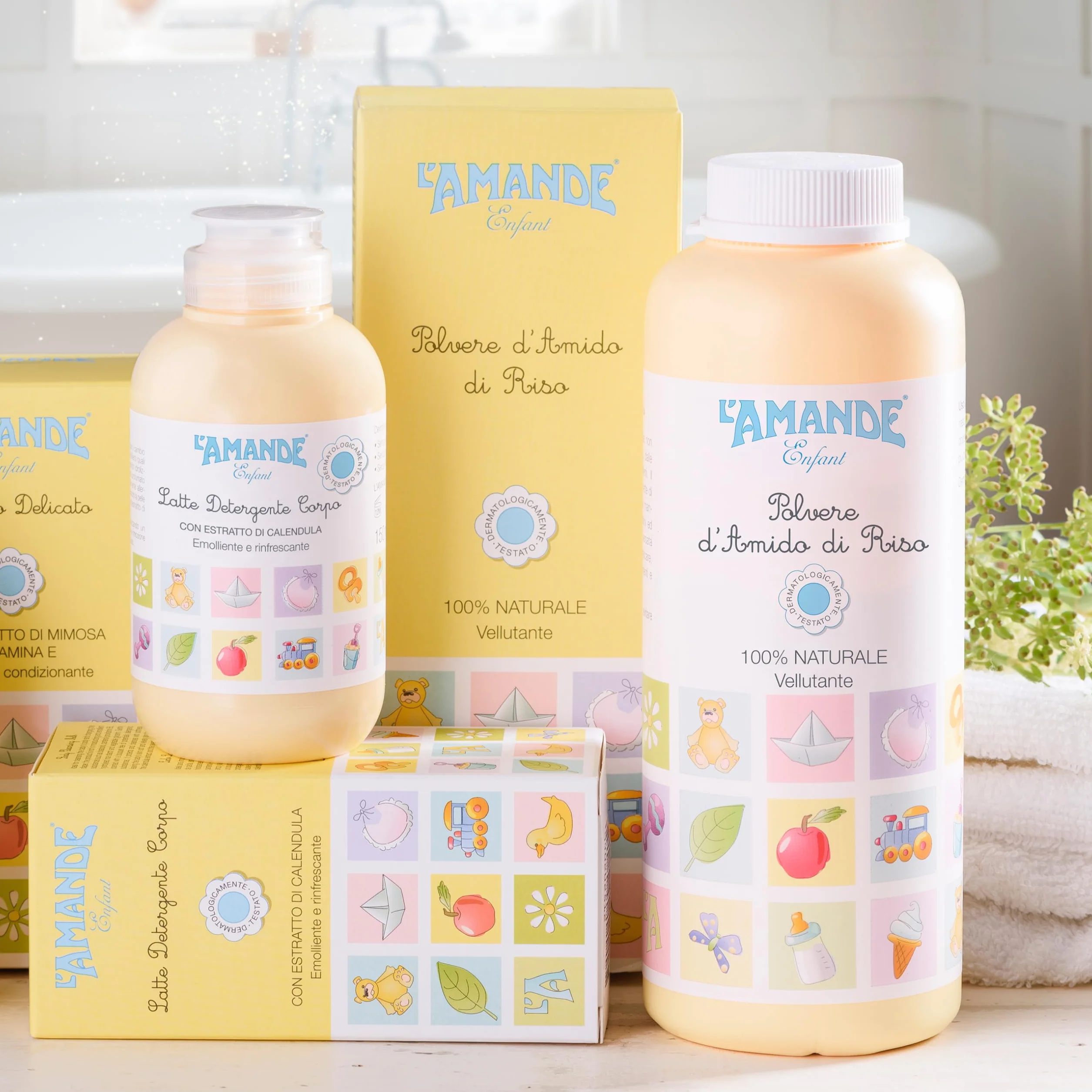 L'AMANDE - Amido di Riso Bagnetto Neonato, Talco Profumato in Polvere per Bambini e Neonati, Rinfrescante ed Emolliente Contro Arrossamenti e Irritazioni, Polvere Vellutante Naturale - Enfant, 150 g