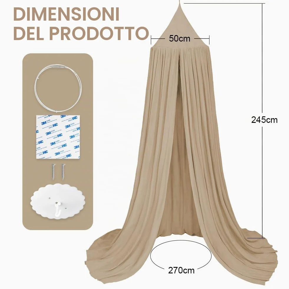 Aolso Baldacchino per bambini e bambine, 245 cm, tenda per letto rotondo, lettino con tenda sospesa, zanzariera, crepe (beige)