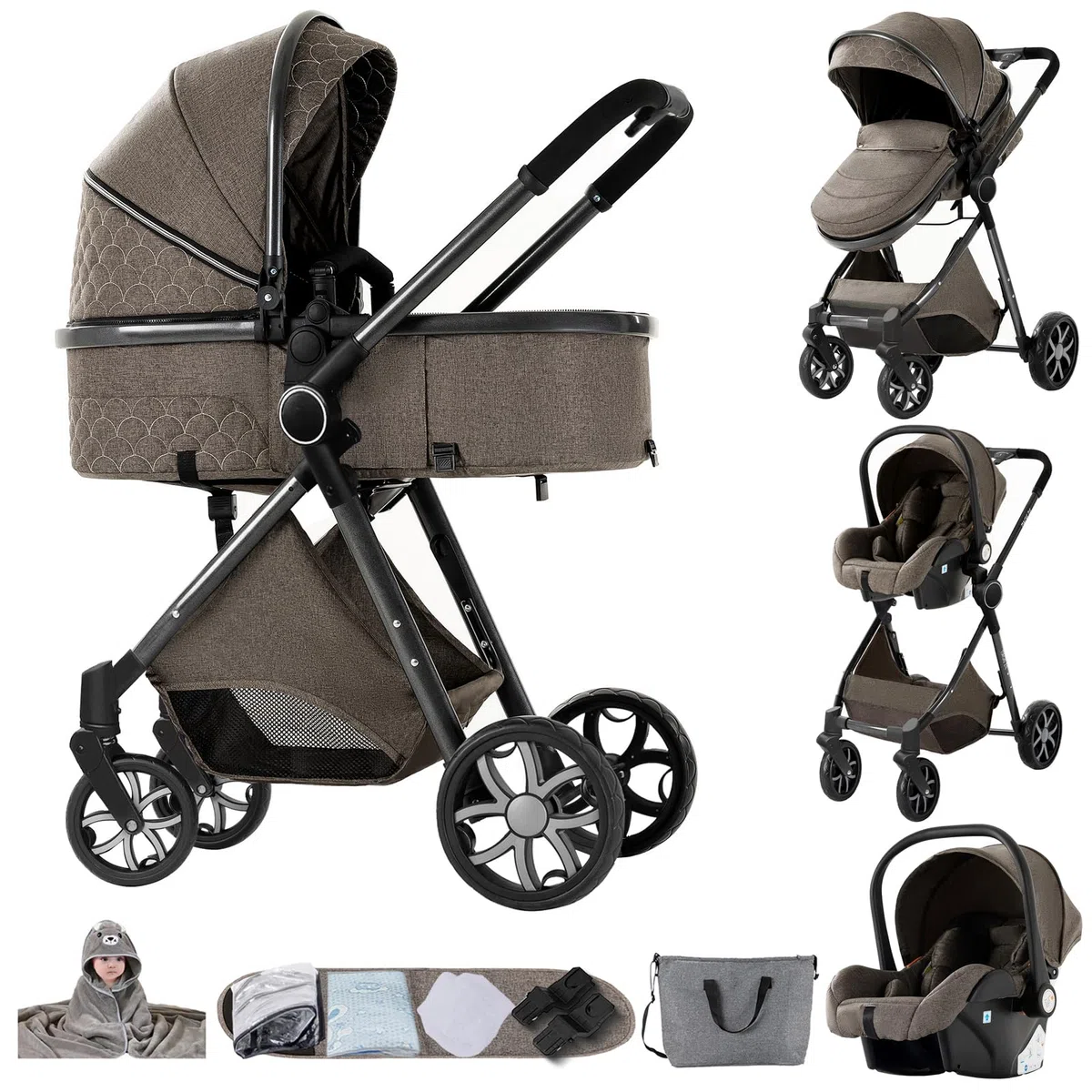 Passeggino Trio, Passeggino 3 in 1 con Spinta Reversibile a Due Vie, Trio Passeggini Neonati con Accessori, Carrozzina per Neonati Design Portatile Pieghevole Un Clic (YV9 Chocolate)