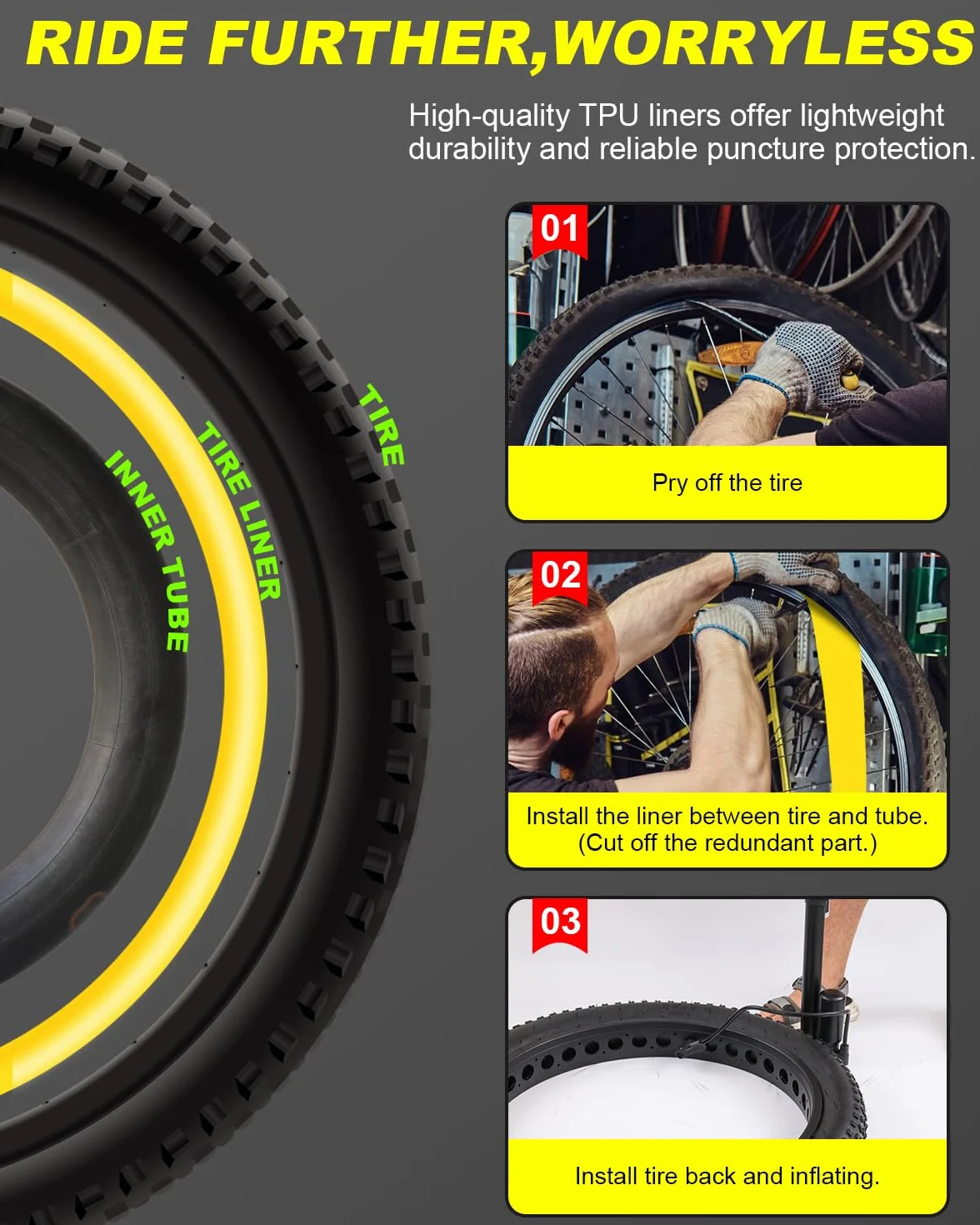 Julai Protezione per pneumatici per bici, protezione antiforatura per camere d'aria per mountain bike, compatibile con pneumatici da 12", 16", 18", 20", 24", 26", 27,5" e 29"