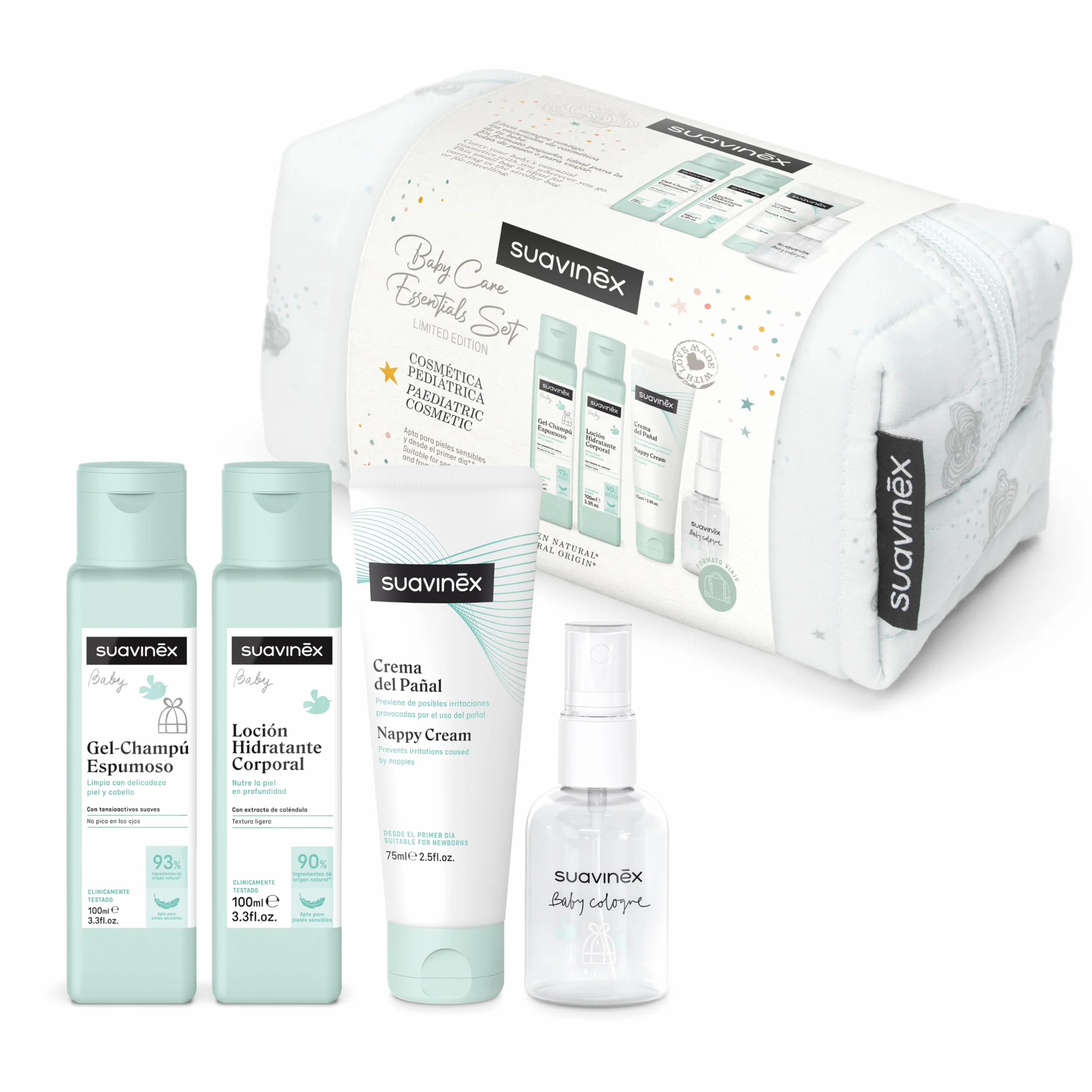 Prodotto Donazione - Suavinex, Beauty Case in Tessuto, Set Regalo Neonato con Cosmetici: Shampoo Gel 100 ml + Lozione Idratante 100 ml + Crema Pannolino 75 ml + Colonia Baby 50 ml