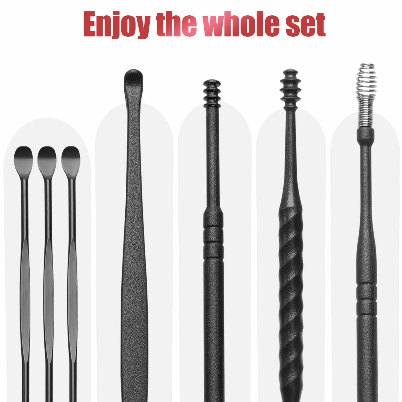 7Pezzi Pulisci Orecchie, Kit di Rimozione del Cerume Strumenti per Pulizia dell’Orecchio Riutilizzabile in Acciaio Inox con scatola portaoggetti per Adulti e Bambini Pulizia Dellorecchio, Nero