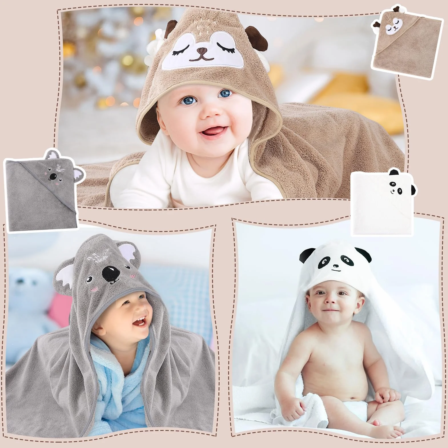 3 asciugamani da bagno con cappuccio per bambini, asciugamano per bebè, asciugamano per neonato, asciugamano da bagno per piscina, 80 x 80 cm, mantello da bagno 0-5 anni, cachi, bianco, GR