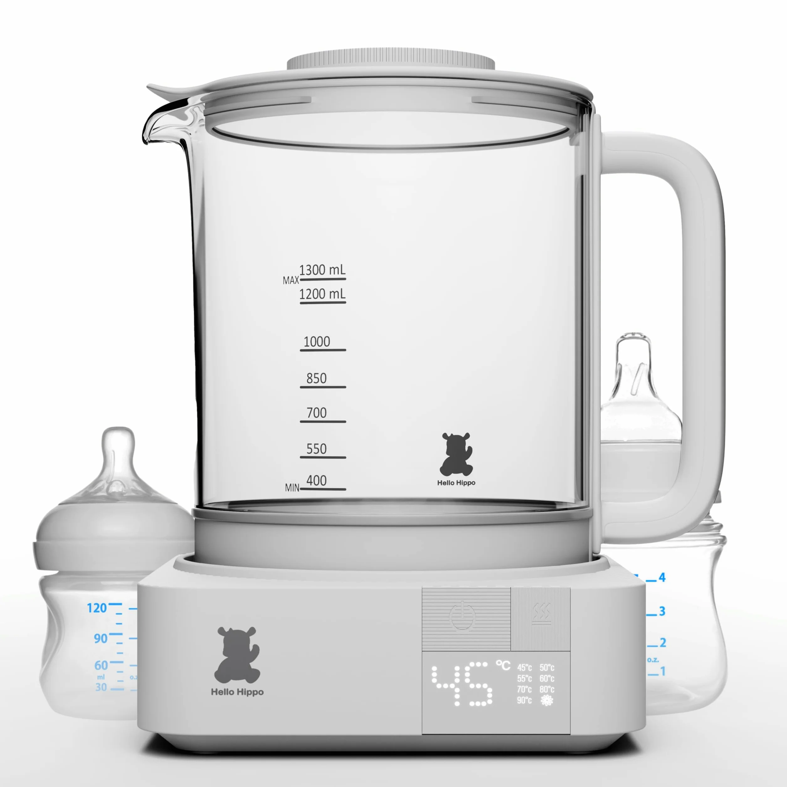 HELLO HIPPO® Bollitore Scaldabiberon 1300 mL in vetro - 800W basso consumo - Sterilizzatore per capezzoli - Mantiene il calore 24H - Temperatura regolabile da 45-100°C - Biberon, tè, cioccolato, caffè