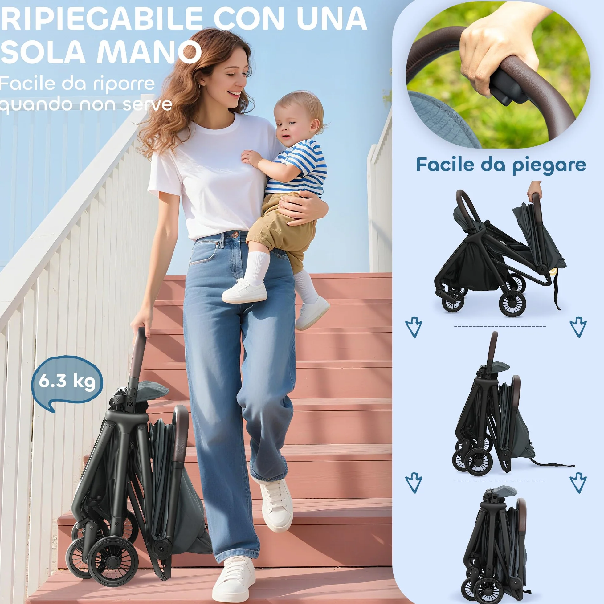 AIYAPLAY Passeggino Leggero 6.3kg per Bambini 0-3 Anni Pieghevole una Mano, Passeggino Compatto Reclinabile con Poggiapiedi Regolabile e Cappottina, Ruote e Cesto Portaoggetti, Fino a 15 kg, Blu