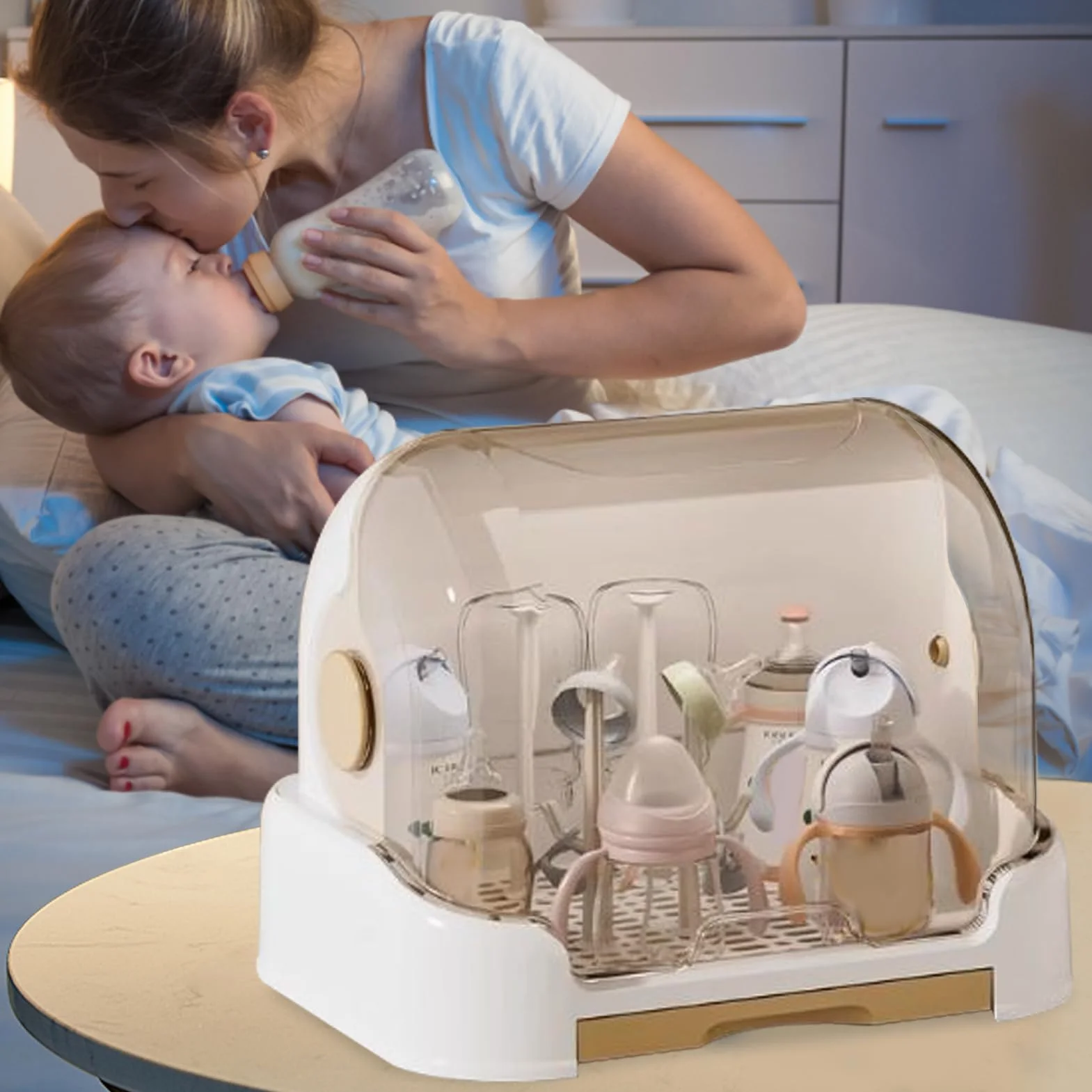 Generico Porta Biberon Con Coperchio - 31,5x25,5x25 CM | Organizzatore Per Biberon Con Vassoio Di Scarico Rimovibile E Stendibiancheria, Scatola Porta Biberons Per Dispensa, Mobiletto Da Appoggio