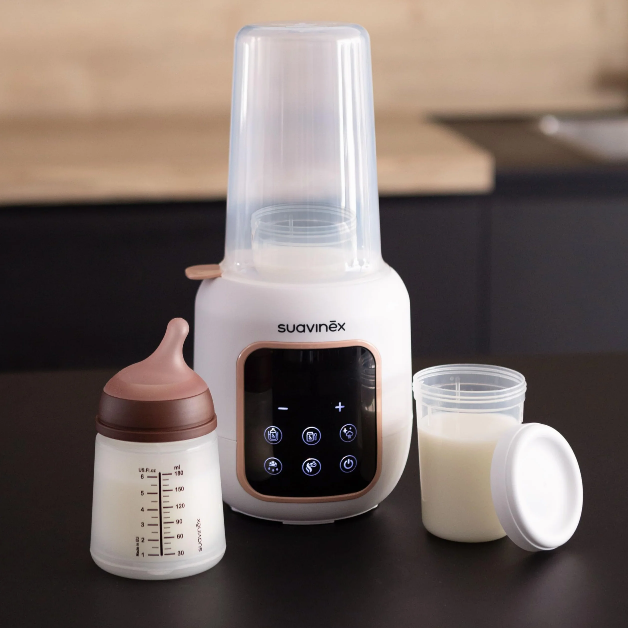 Suavinex, Scaldabiberon e Sterilizzatore 2 in 1, Sterilizza biberon e ciucci, Scalda e Scongela Biberon, Latte Materno e Omogeneizzati, con Modalità Rapida e Spegnimento Automatico, Facile da Usare