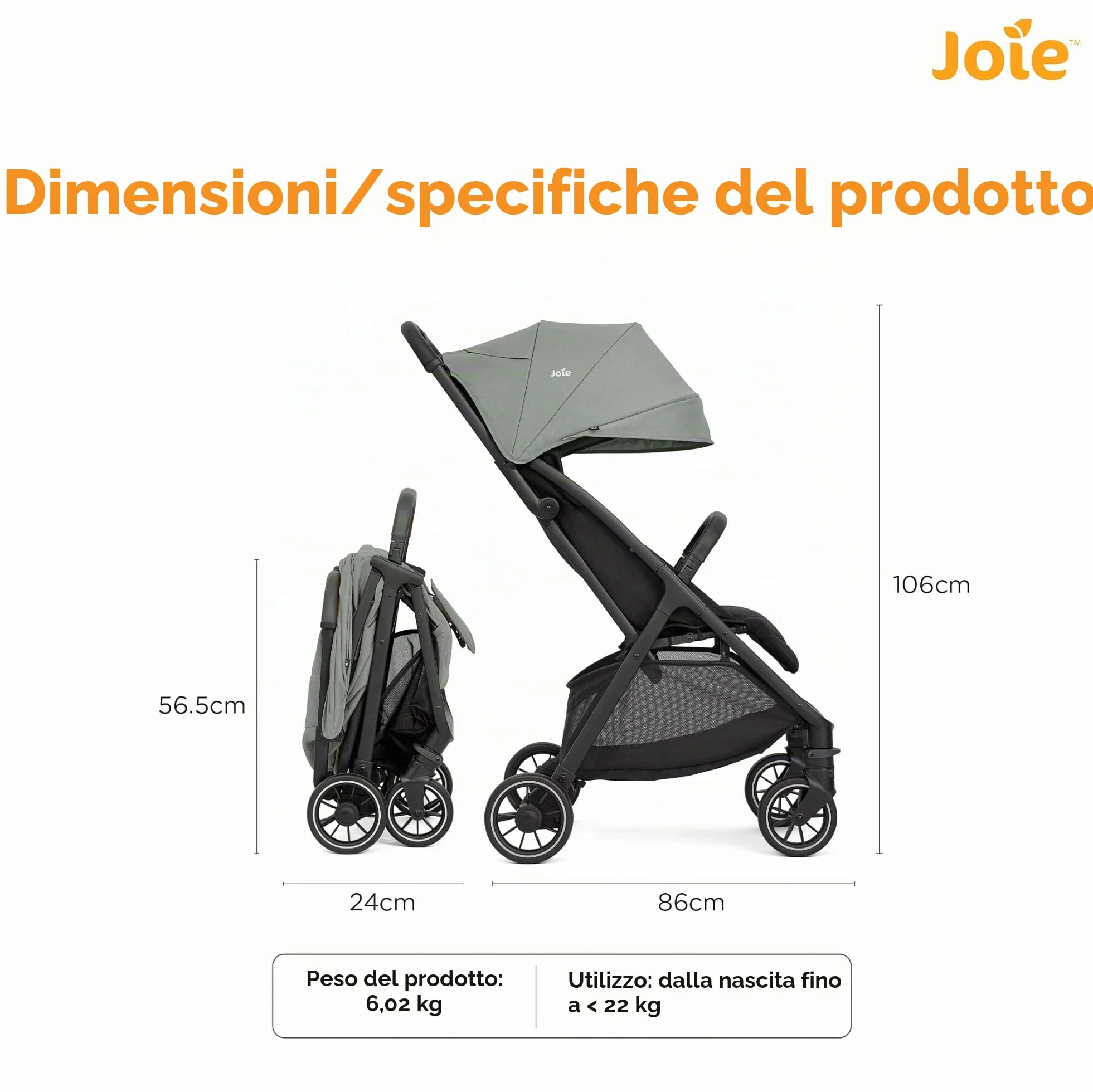 Joie - Pact Pro - Passeggino leggero e compatto - Facile da piegare con una mano - Compatibile con seggiolini auto e navicelle - Imbracatura a 5 punti - Sospensione Tutto Terreno - Abyss - Fin dalla