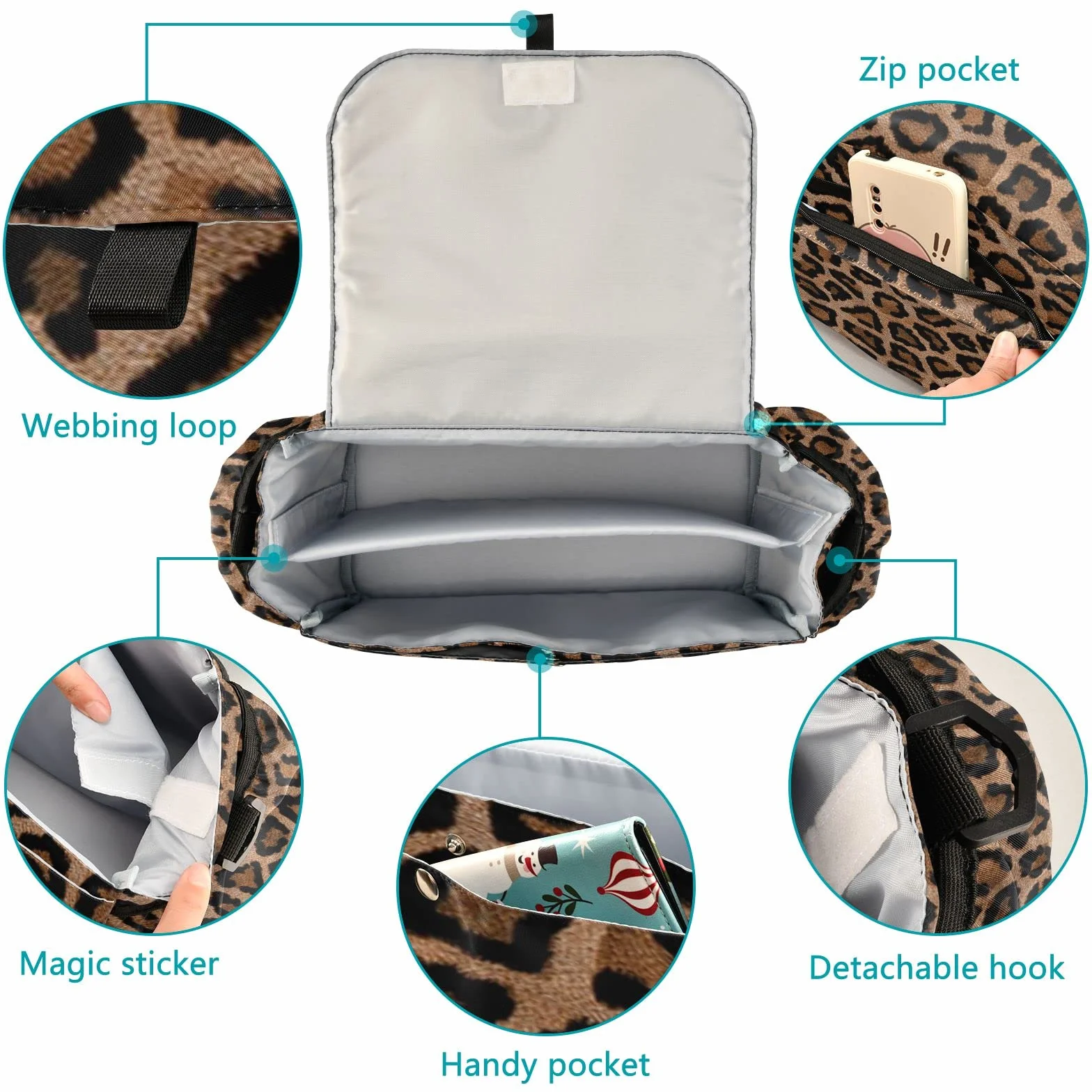 Borsa organizer per passeggino, motivo leopardato, universale, con 2 portabevande, cinghie regolabili, adatta per bottiglie, marrone, moderno